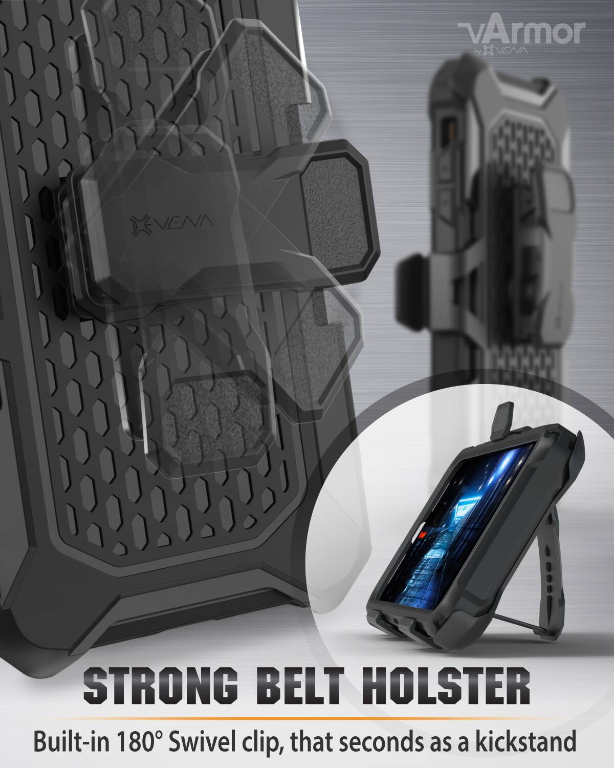 vArmor by VENN STRONG BELT HOLSTER Built-in 180° Swivel clip, that seconds as a kickstand