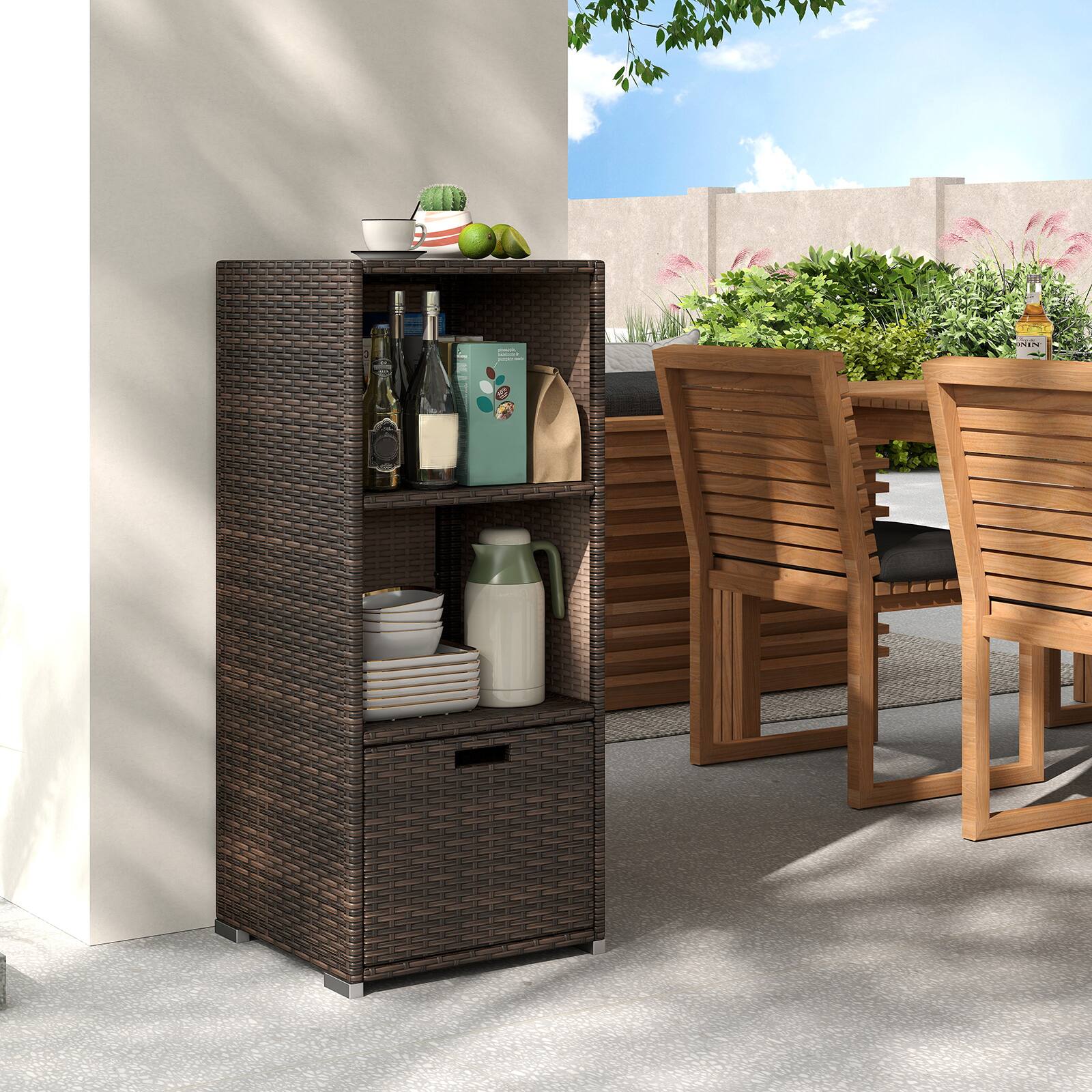 Alt View 3. Costway - Costway Outdoor Storage Cabinet with Storage Shelves Drawer and Rolling Wheels for Porch - Brown.