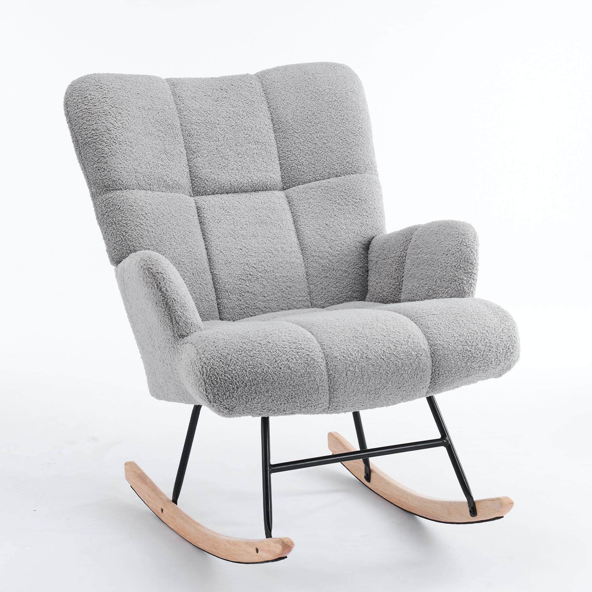 Front. FERPIT - FERPIT Teddy Upholstered Wingback Rocking Accent Chair with Rubberwood Legs, Light Gray - Light Gray.