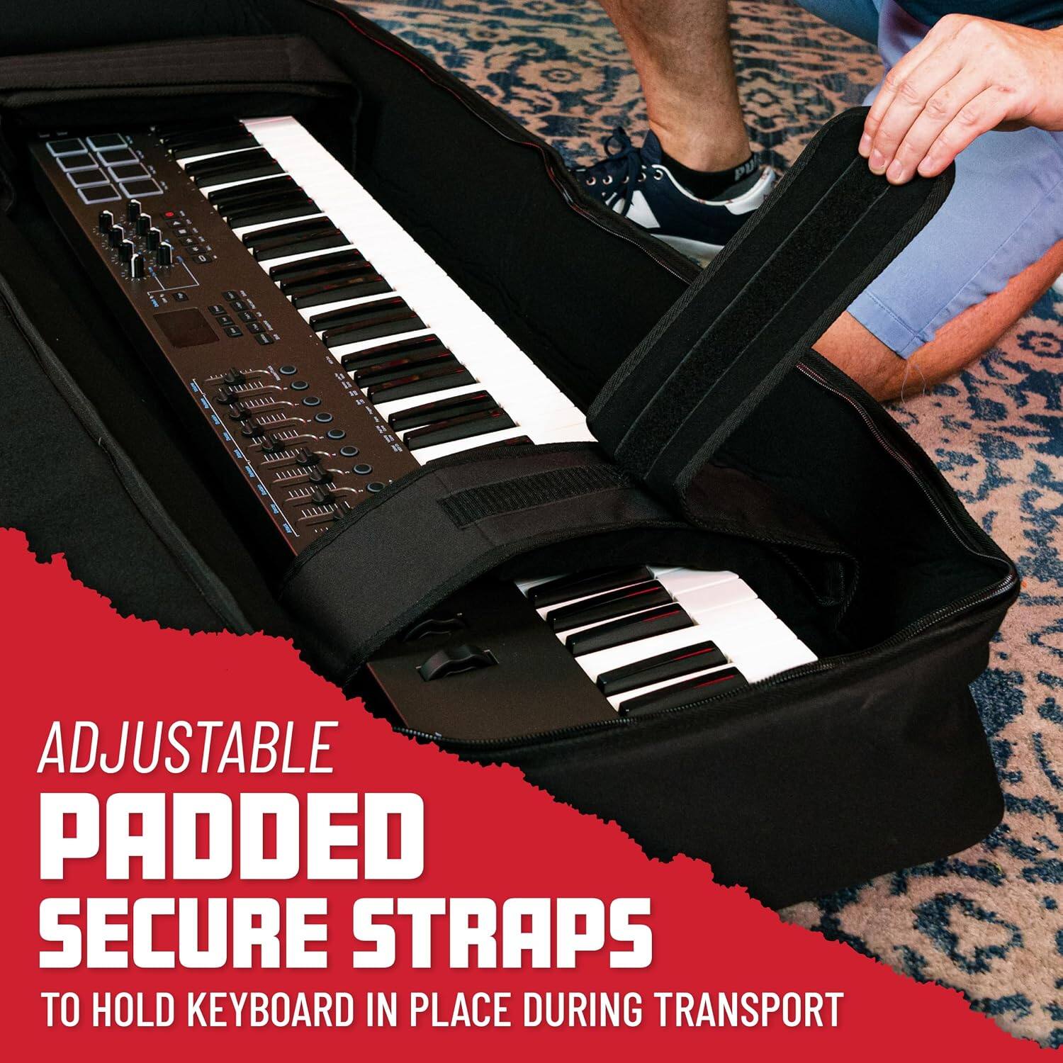 Adjustable padded secure straps to hold keyboard in place during transport