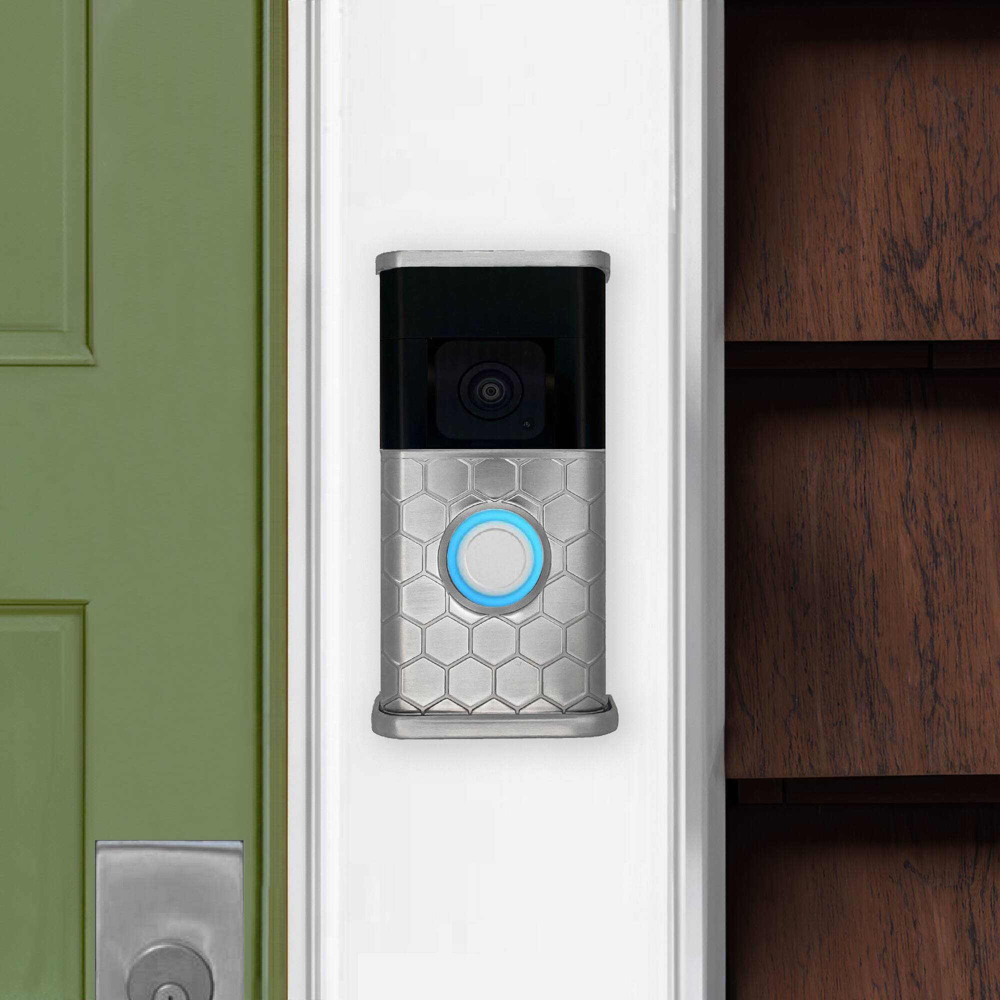 Alt View 3. Michael Healy - Honeycomb Video Doorbell Cover (Ring 3, 3 Plus, 4, Battery Plus and Battery Pro) - Nickel Silver.