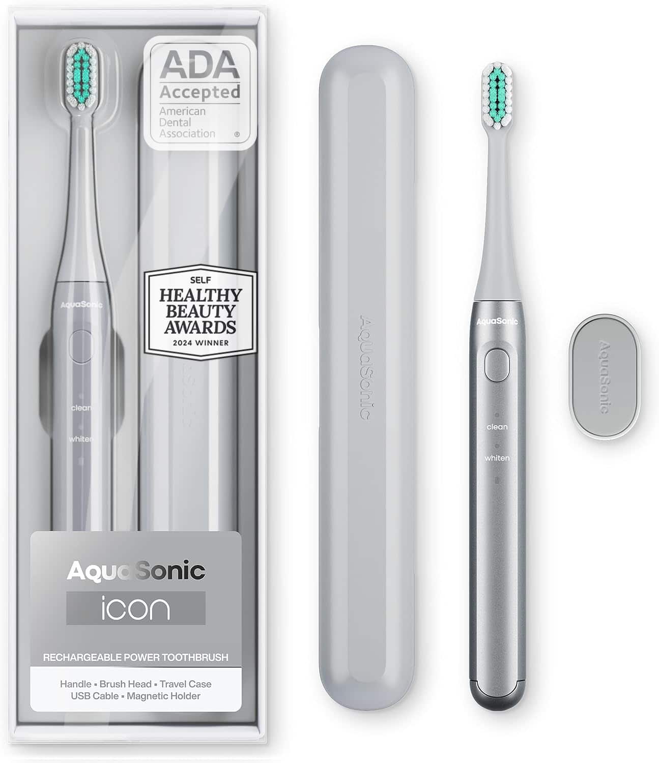 AquaSonic - Icon Rechargeable Electric Toothbrush - ADA Accepted, Magnetic Holder, Slim Travel Case, 2 Brushing Modes, Timer - Silver