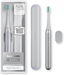 AquaSonic - Icon Rechargeable Electric Toothbrush - ADA Accepted, Magnetic Holder, Slim Travel Case, 2 Brushing Modes, Timer - Silver