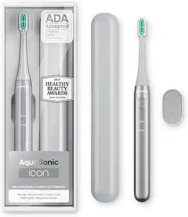 ADA Accepted American Dental Association
AquaSonic clean white
SELF HEALTHY BEAUTY AWARDS 2024 WINNER
AquaSonic icon
RECHARGEABLE POWER TOOTHBRUSH
Handle • Brush Head • Travel Case • USB Cable • Magnetic Holder