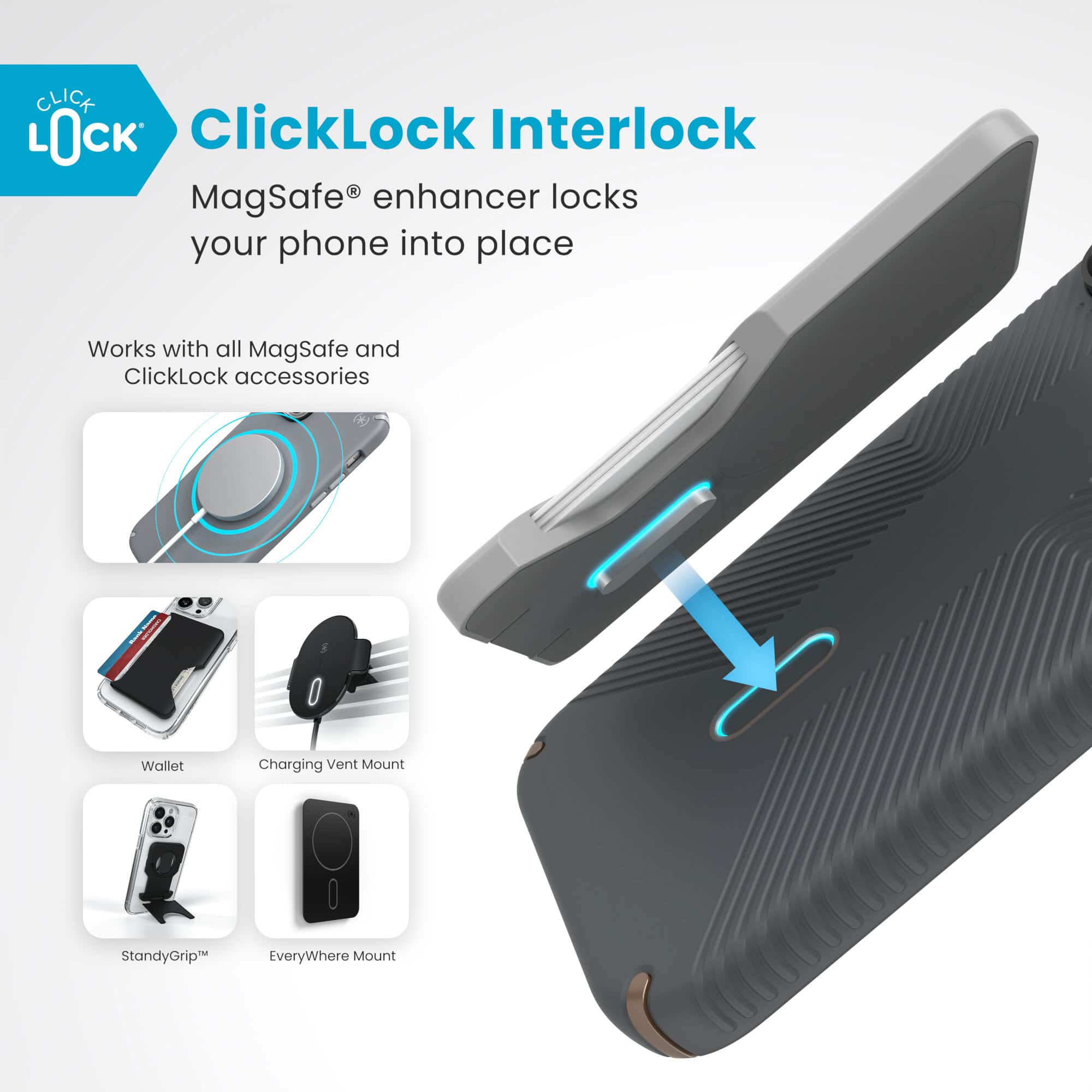 The text on the image reads: "Click Lock Interlock MagSafe enhancer locks your phone into place. Works with all MagSafe and ClickLock accessories. Wallet, Charging, Vent Mount, StandyGrip, EveryWhere Mount."