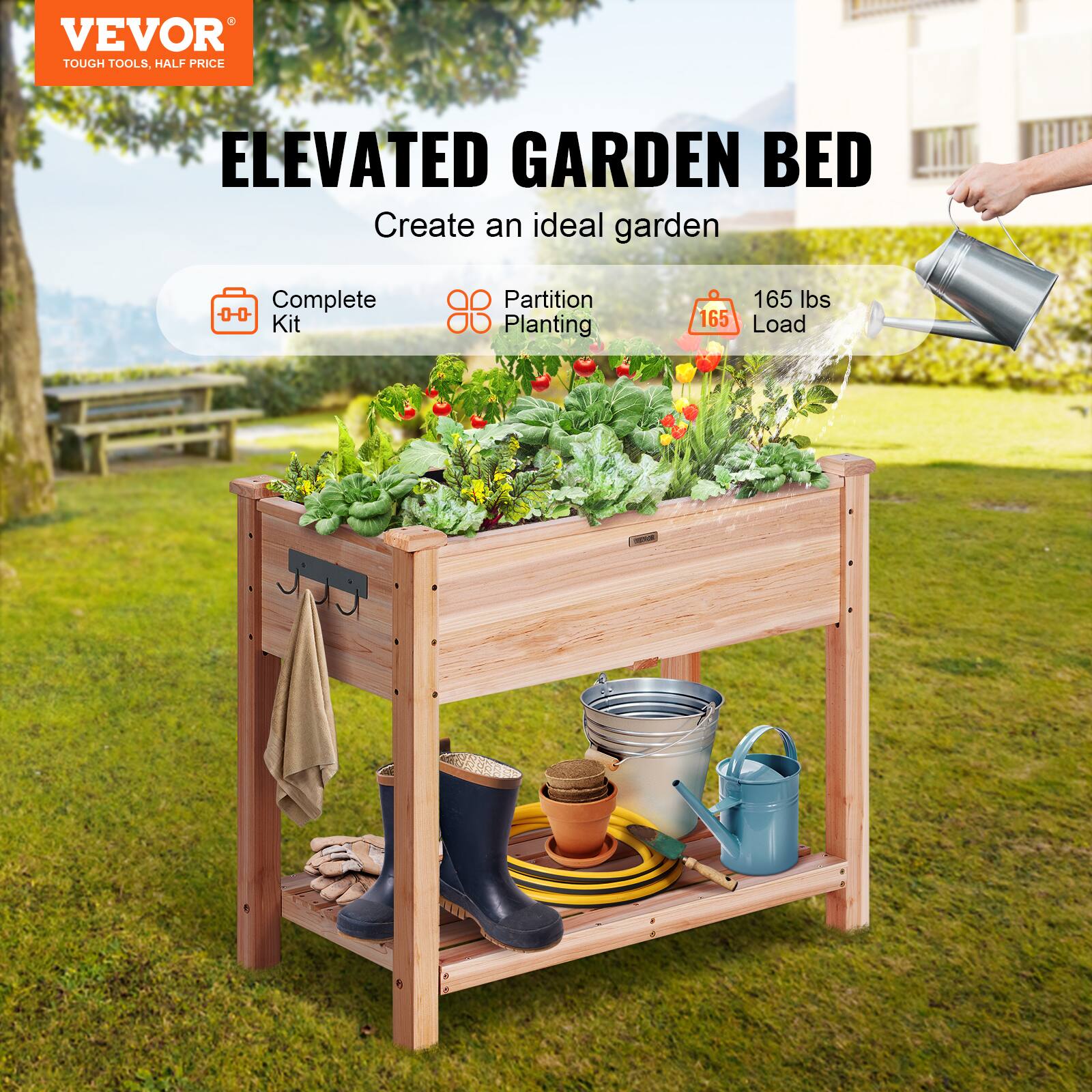 VEVOR TOUGH TOOLS, HALF PRICE  
ELEVATED GARDEN BED  
Create an ideal garden  

- Complete Kit  
- Partition Planting  
- 165 lbs Load