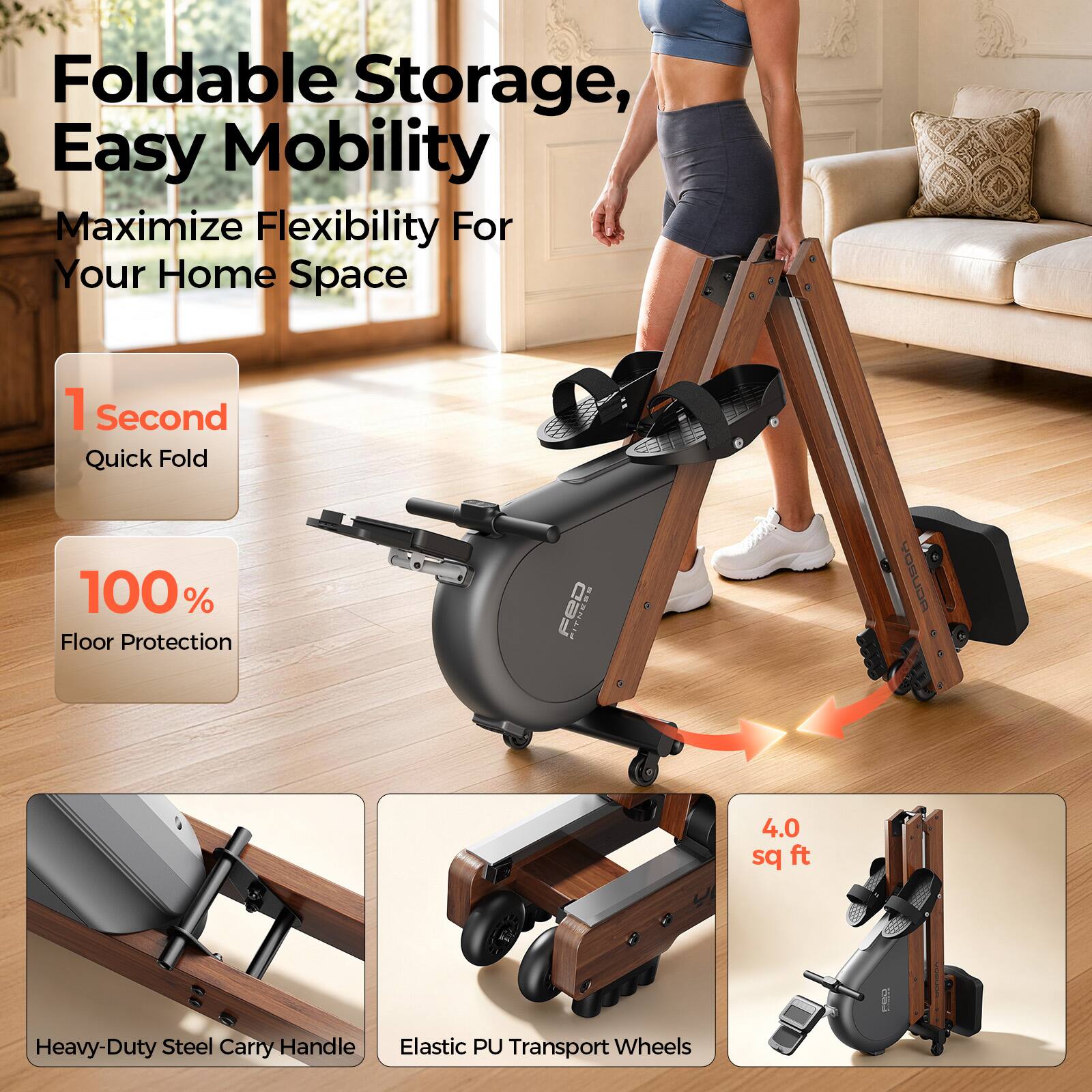 Foldable Storage, Easy Mobility  
Maximize Flexibility For Your Home Space

1 Second Quick Fold  
100% Floor Protection

FeD  
YOSUDA

4.0 sq ft

Heavy-Duty Steel Carry Handle  
Elastic PU Transport Wheels
