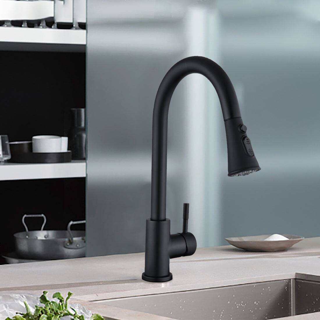 Alt View 3. Boyel Living - Black Single Handle Pull Down Sprayer Kitchen Faucet with Deck Plate - Matte Black.