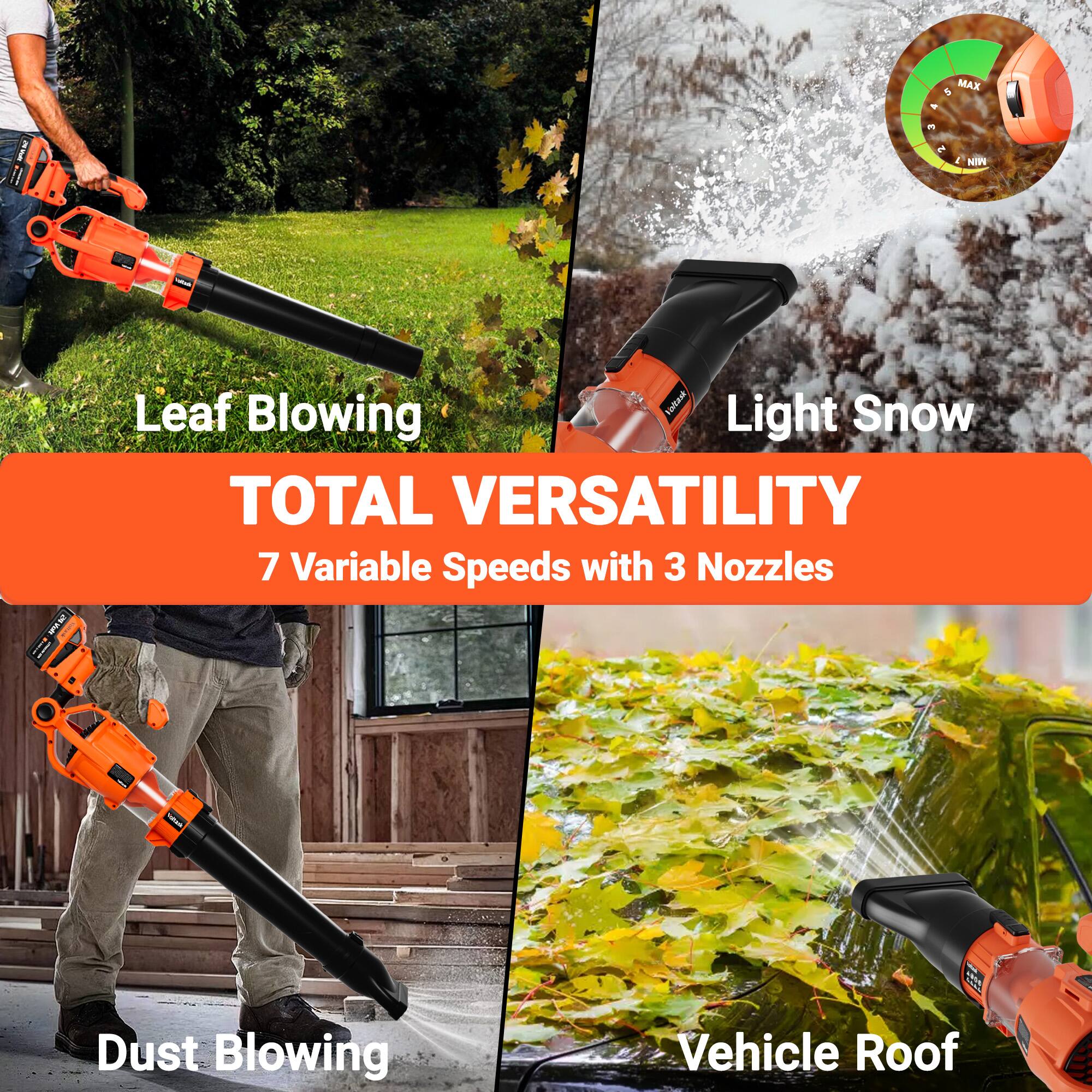- Leaf Blowing
- Light Snow
- Dust Blowing
- Vehicle Roof

TOTAL VERSATILITY

7 Variable Speeds with 3 Nozzles