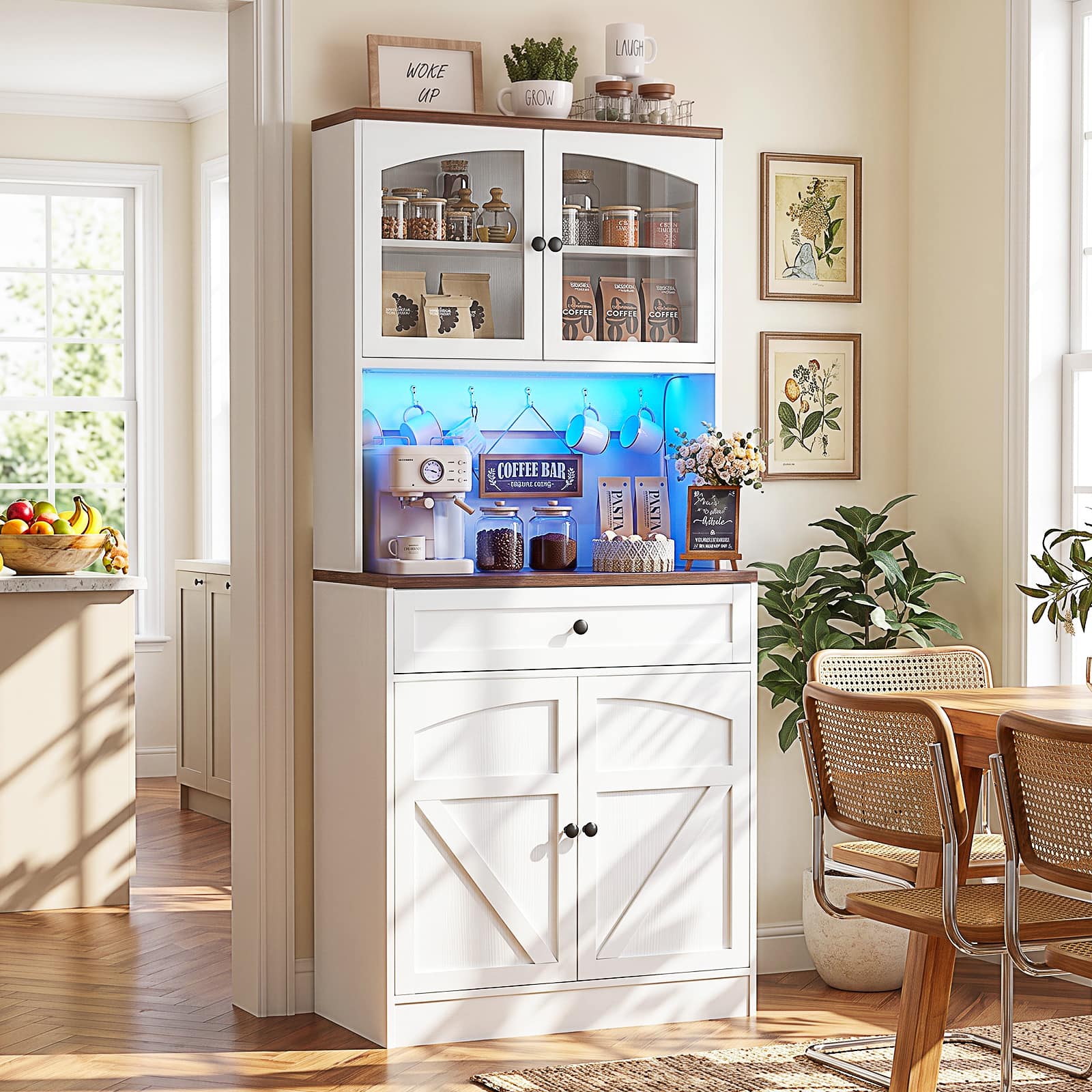 Aheaplus - 71" Tall Freestanding Kitchen Pantry Cabinet with LED Light & Built-in Charging Station, Adjustable Shelves - White