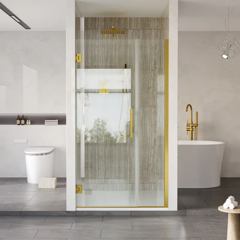 Front. WELLFOR - 37–38 in. W x 72 in. H Frameless Hinged Shower Door with 3/8" Clear Tempered Glass, Reversible Opening - Brushed Gold.