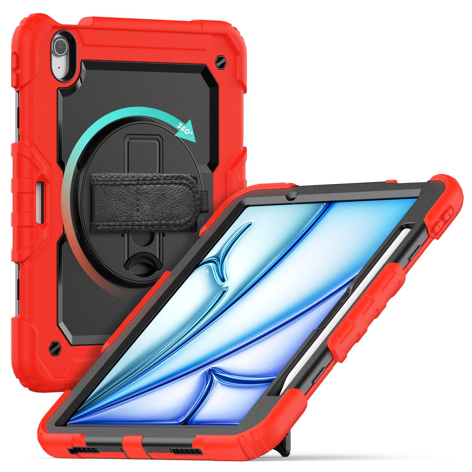 Left. UUCOVER - Full Body Case for iPad Air 13-inch M4/M3/M2 Shockproof Built-in Screen Protector Stand with Hand/Shoulder Strap Cover - Black+Red.