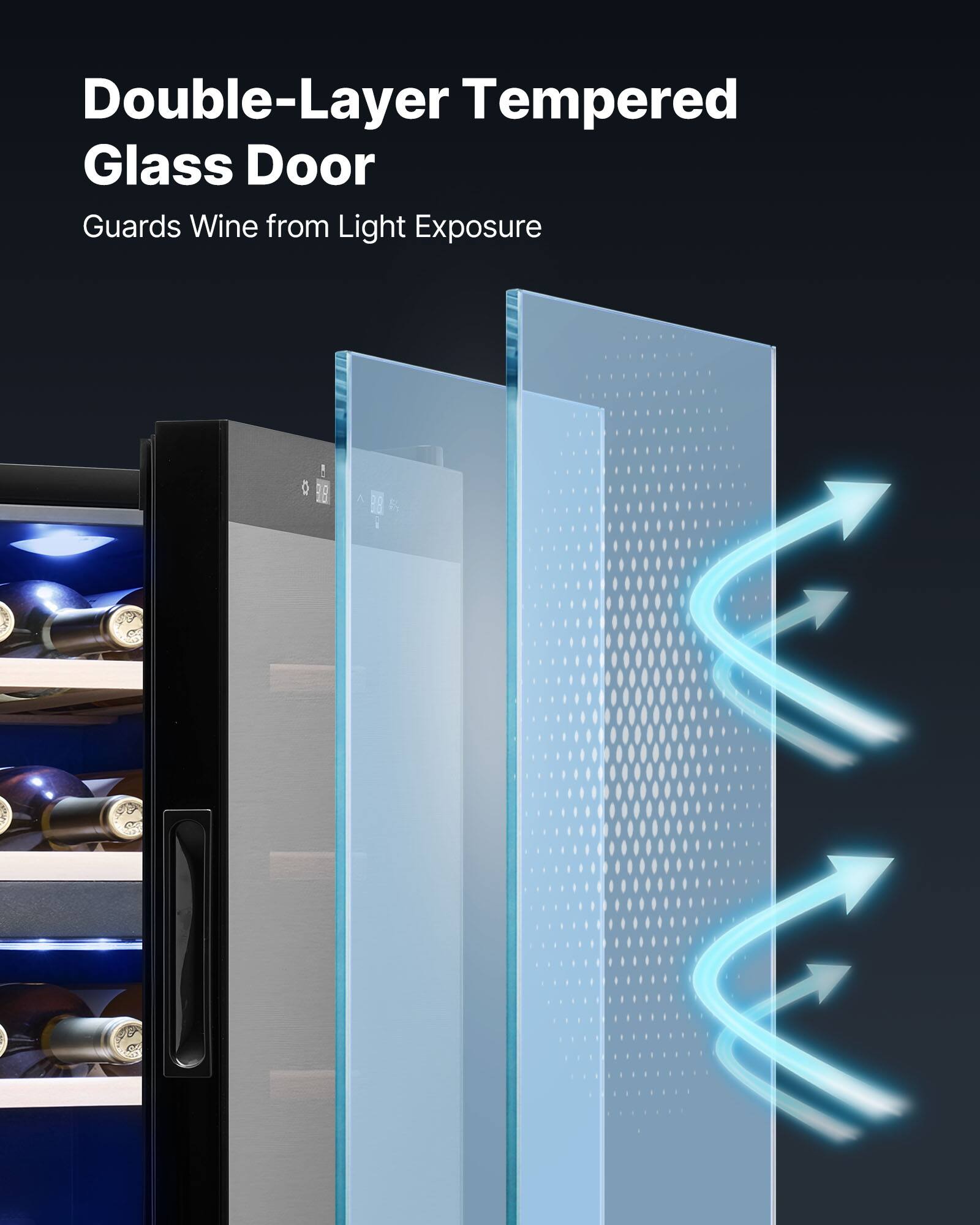 Double-Layer Tempered Glass Door  
Guards Wine from Light Exposure