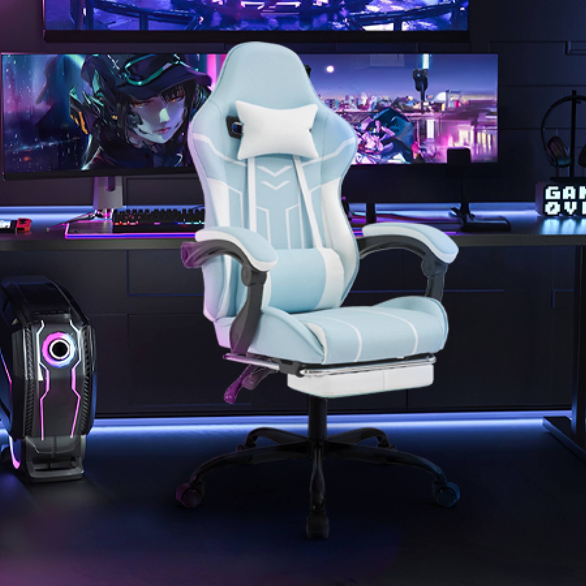 Alt View 9. GOODSILO - Ergonomic Gaming Chair with Lumbar Support and Retractable Footrest for Enhanced Comfort and Posture - Blue.