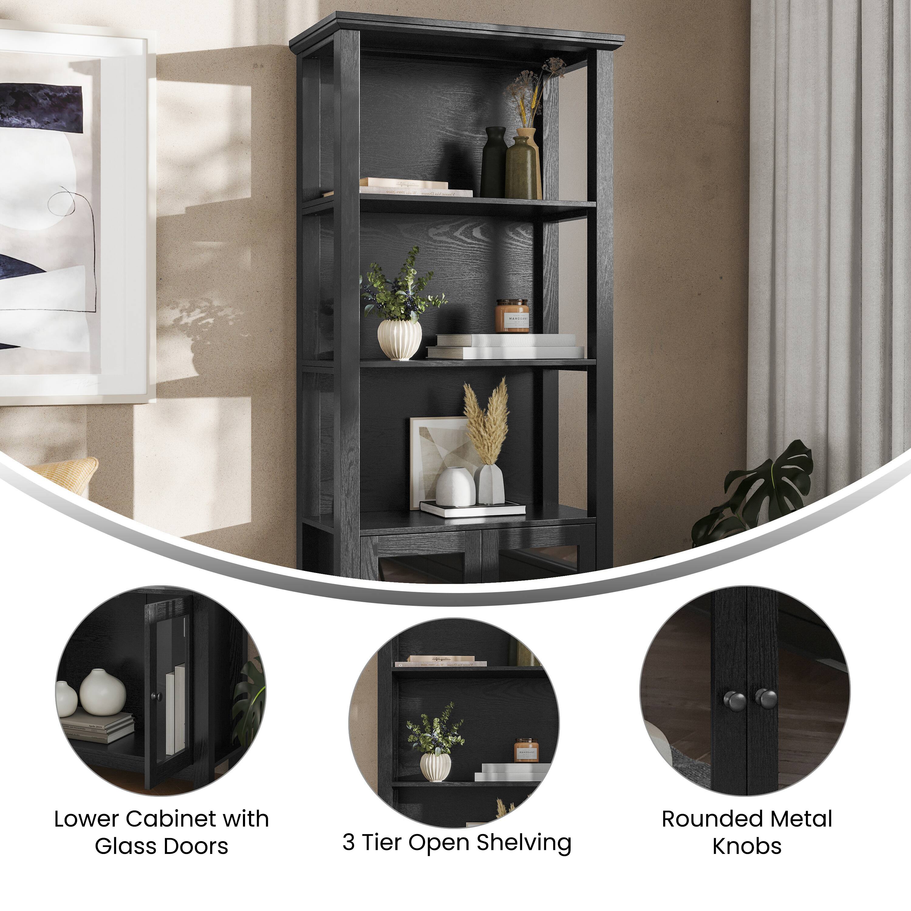 Lower Cabinet with Glass Doors  
3 Tier Open Shelving  
Rounded Metal Knobs