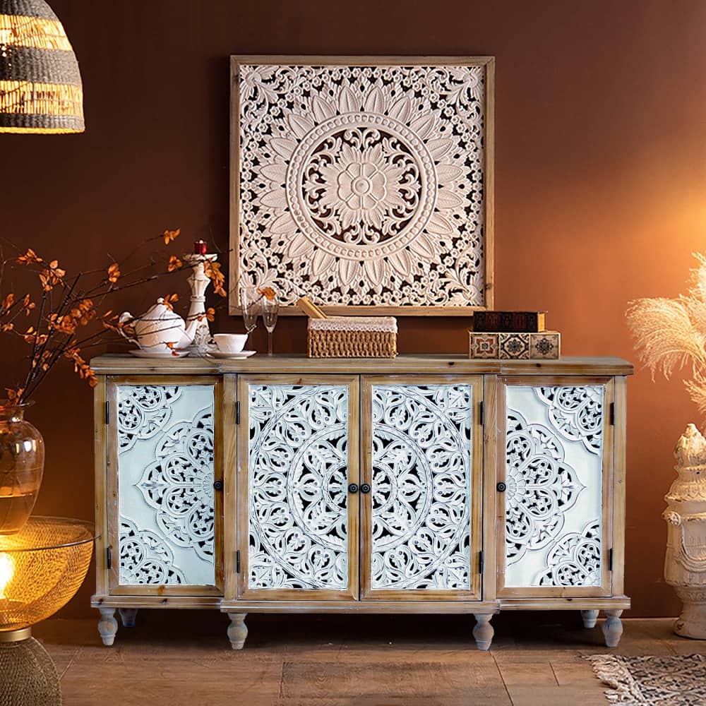 Loheer - Hollow Carved Accent Cabinet Distressed Wood Storage Cupboard with Adjustable Shelves - Distressed Natural Wood price history on PriceWatchPro
