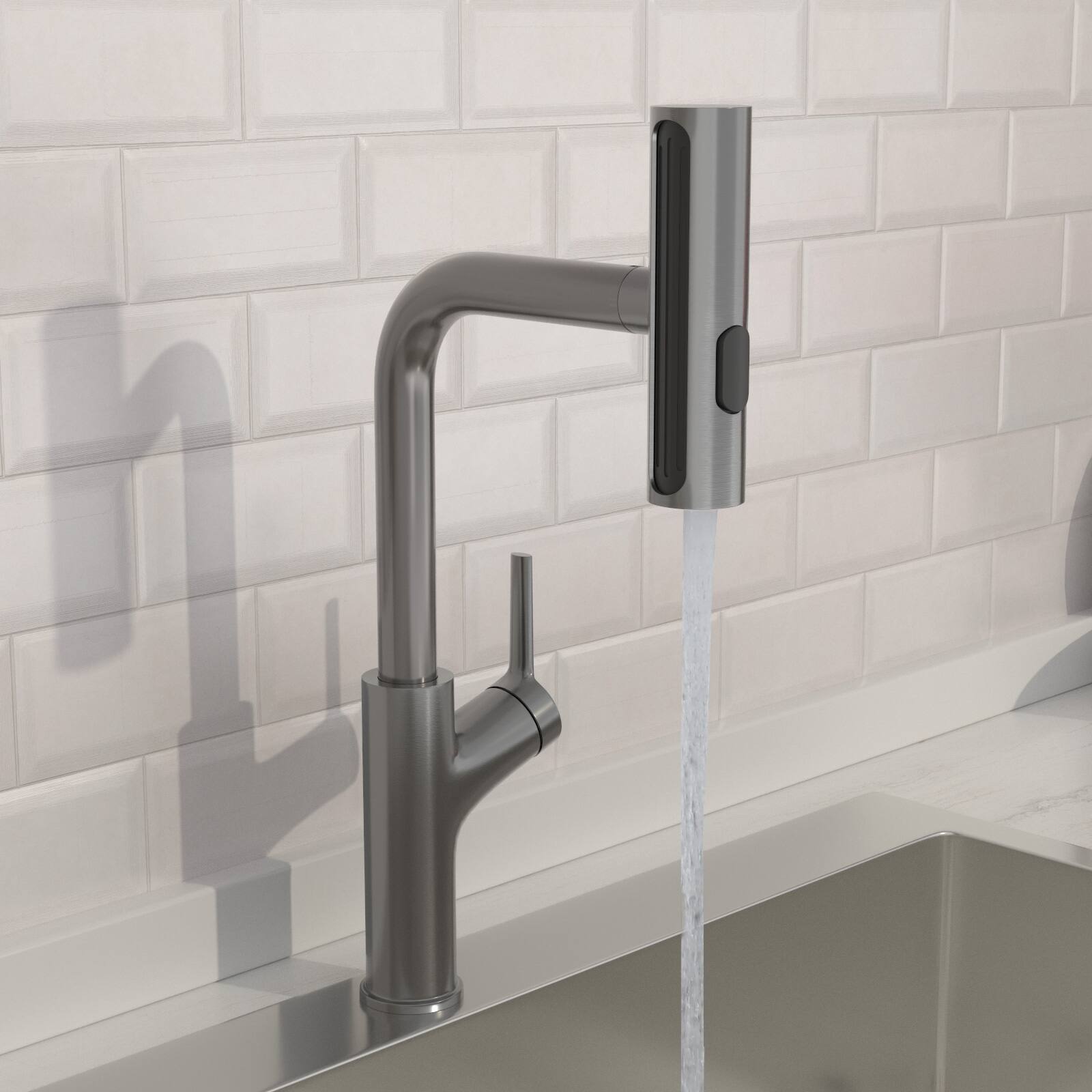 Angle. Lordear - Gunmetal Black 360° Pull-Down Kitchen Faucet with 4 Spray Modes - Gunmetal Black.