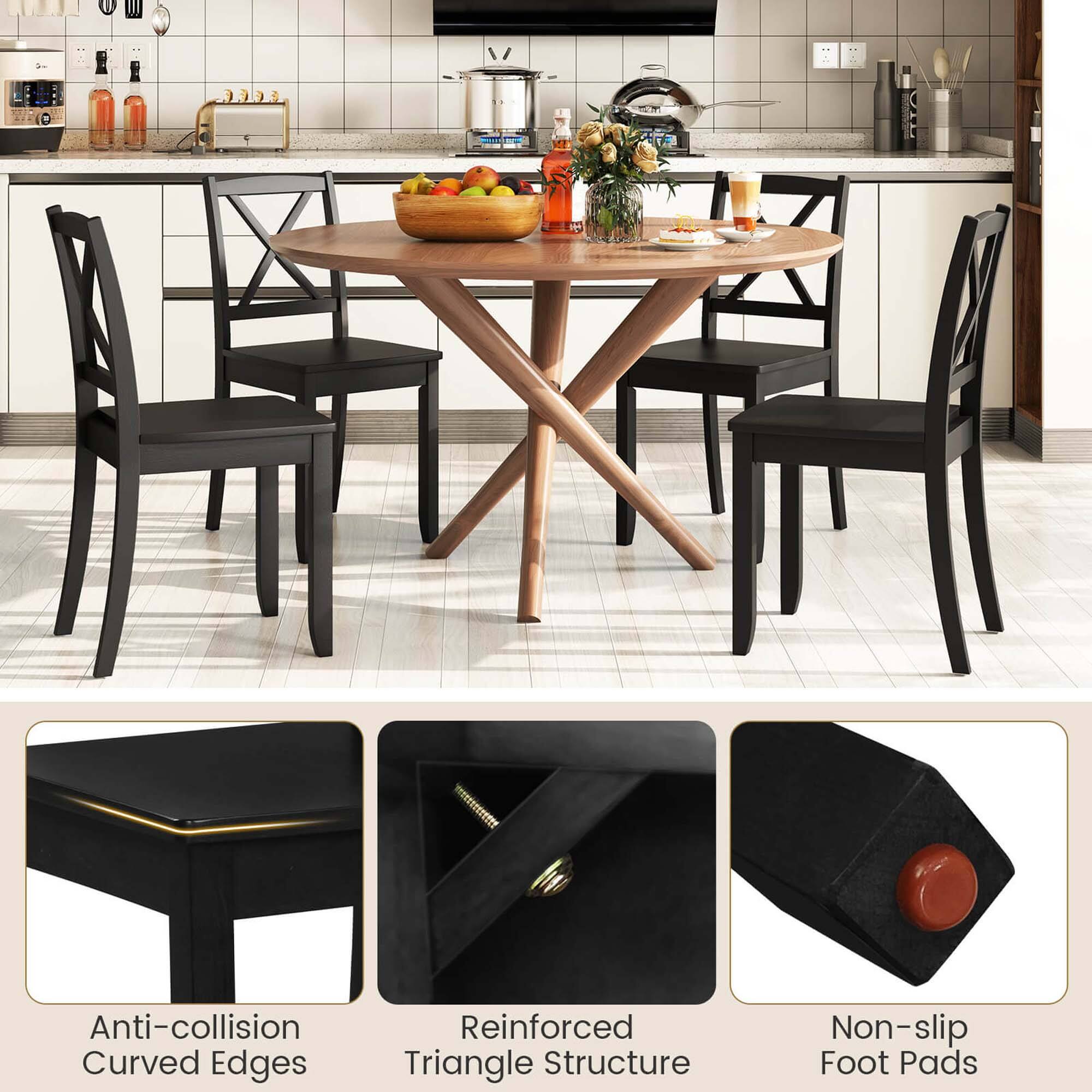 The image features a dining room table with four chairs around it. The table is set with various items, including a bowl of fruit, a vase, and a bottle. The table is accompanied by a bench, which also has a vase on it. The dining area is equipped with a TV mounted on the wall, and there are several knives placed nearby. The scene is designed with anti-collision curved edges, reinforced triangle structure, and non-slip foot pads for added safety and comfort.