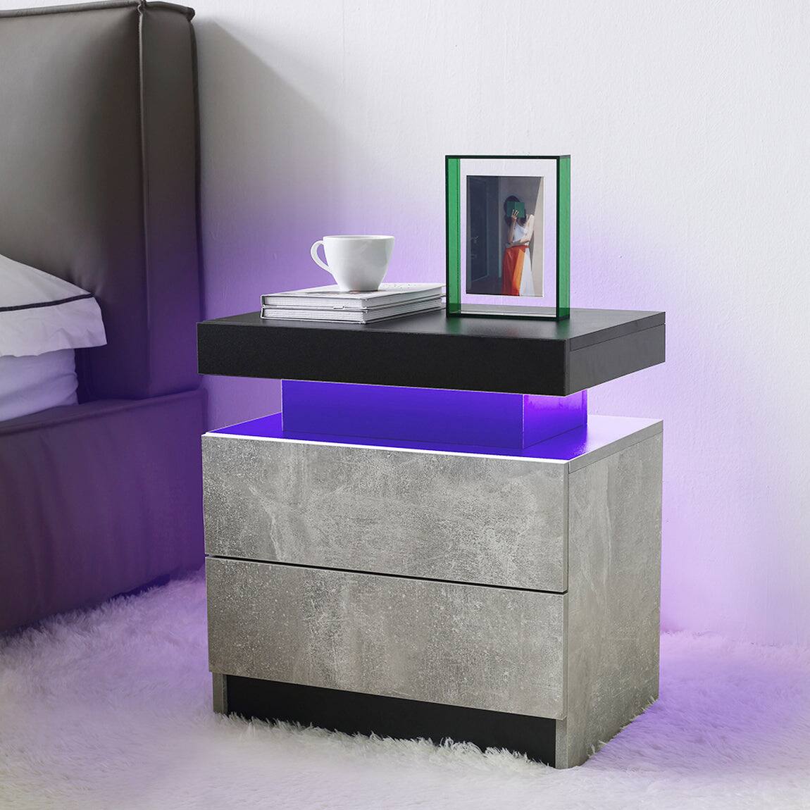 Alt View 1. Boyel Living - Gray Nightstand LED Bedside Table Cabinet Lights Modern End Side with 2 Drawers for Bedroom - Gray.