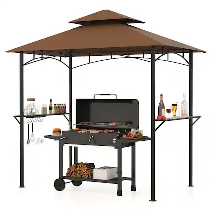 Front. Costway - Costway 8' x 5' Grill Gazebo with 2 Shelves 7 Hooks Metal Frame Soft Top - Brown.