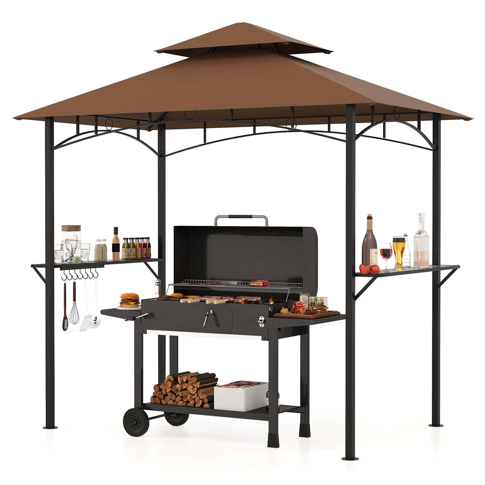 Costway - 8' x 5' Grill Gazebo with 2 Shelves 7 Hooks Metal Frame Soft Top - Brown