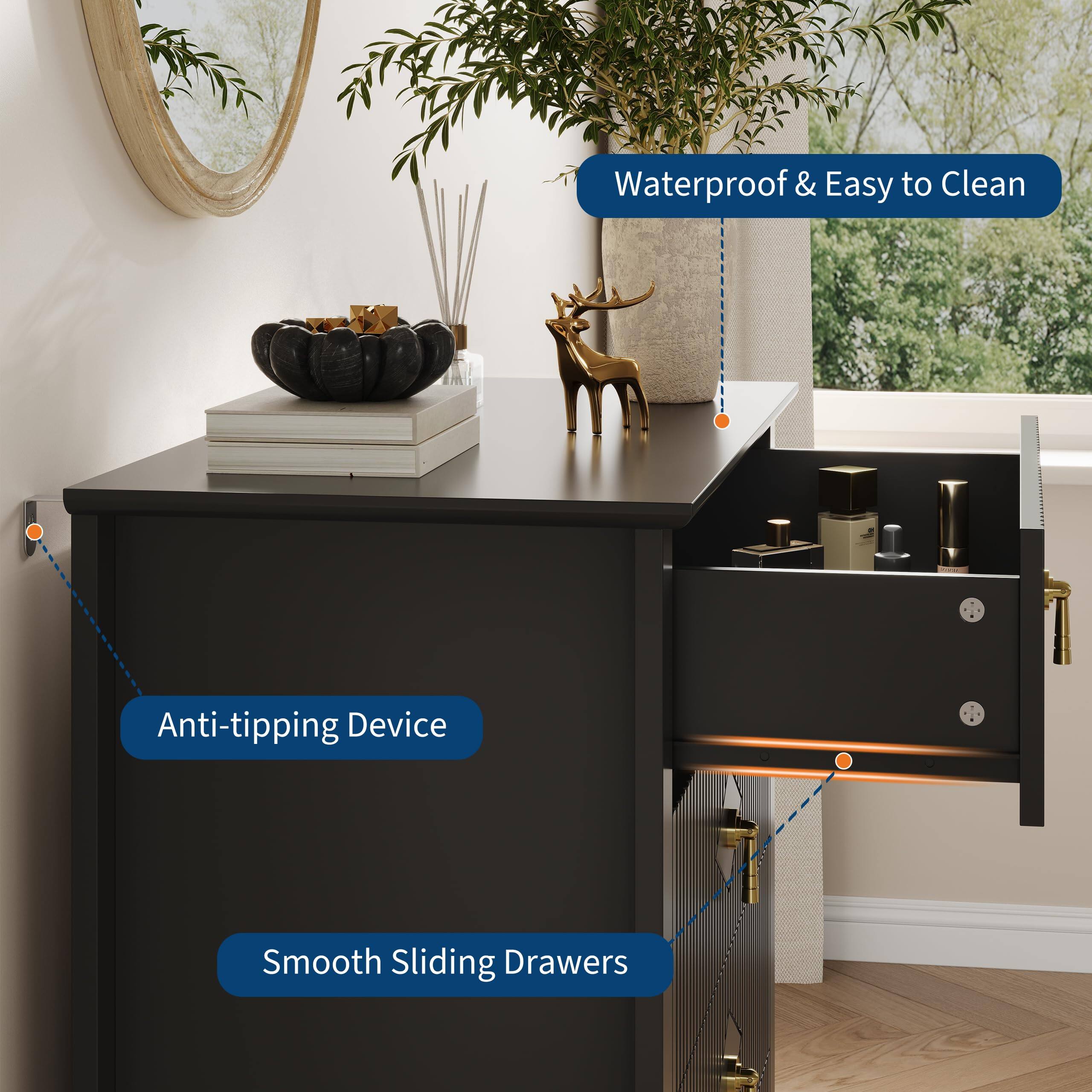 Waterproof & Easy to Clean  
Anti-tipping Device  
Smooth Sliding Drawers