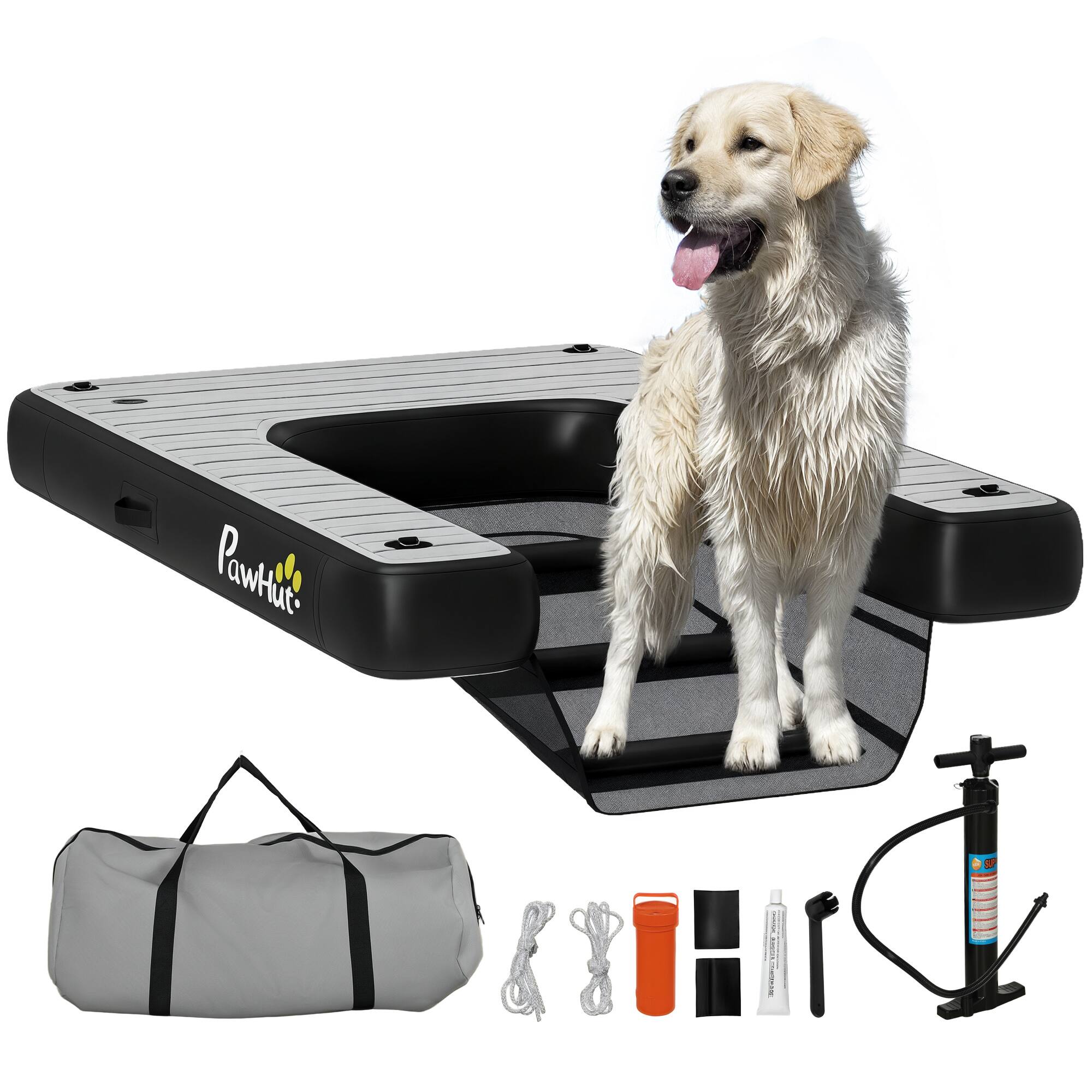 Pawhut - Inflatable Dog Boat Ramp, Floating Water Ramp for Dogs Up to 286 lbs, Safe & Easy, Non-Slip EVA Steps for Boat, Dock - Gray