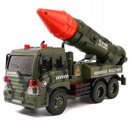 JuzToys - Military Launcher Truck Friction, Powered Fighter with Lights Sounds, Pull Back Push and Go Pretend Play Toy Car - Green