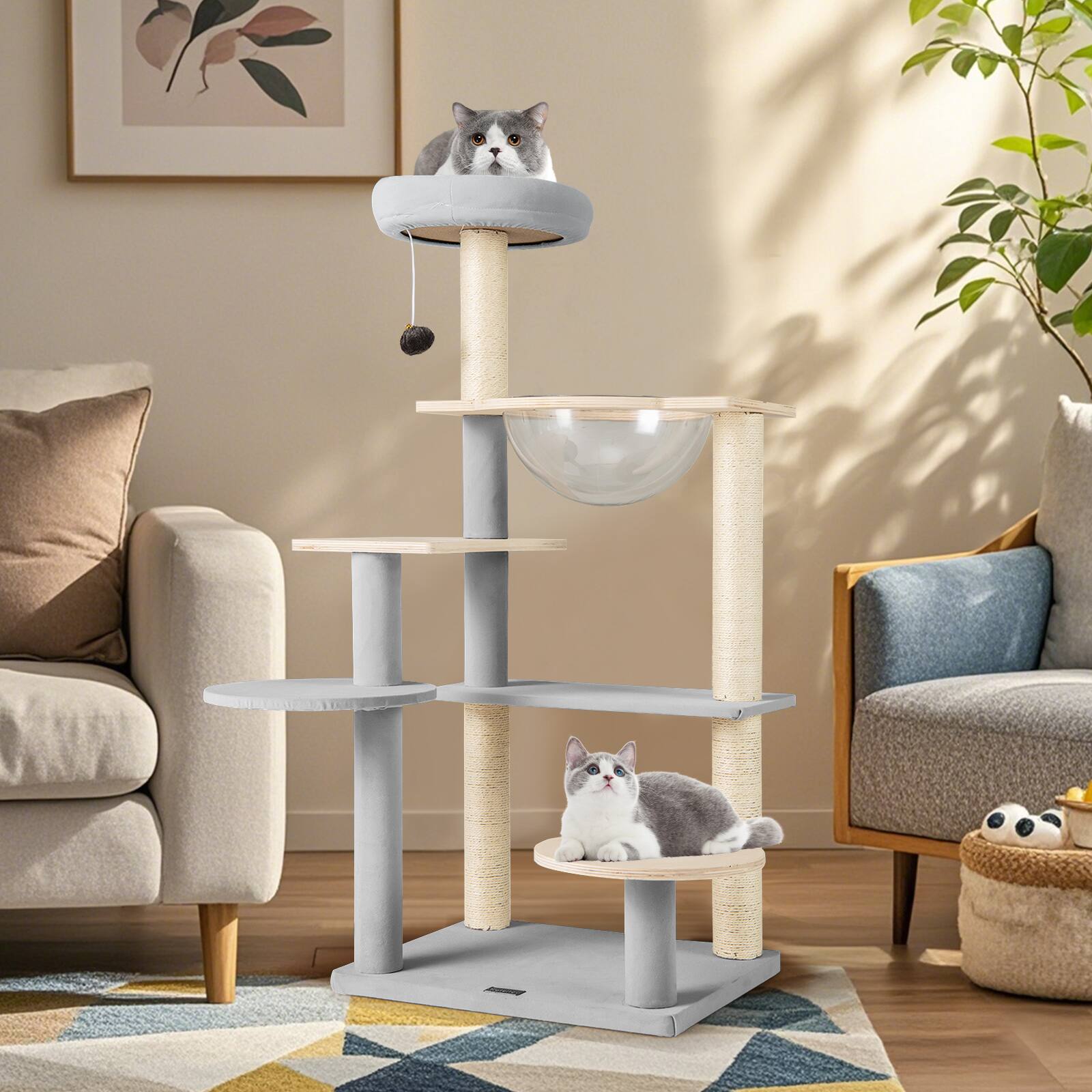 Alt View 3. Costway - Costway Cat Tree Tower w/ Jumping Platforms Plush Climbing Activity Tower for Small Large Cats and Kittens - Natural.