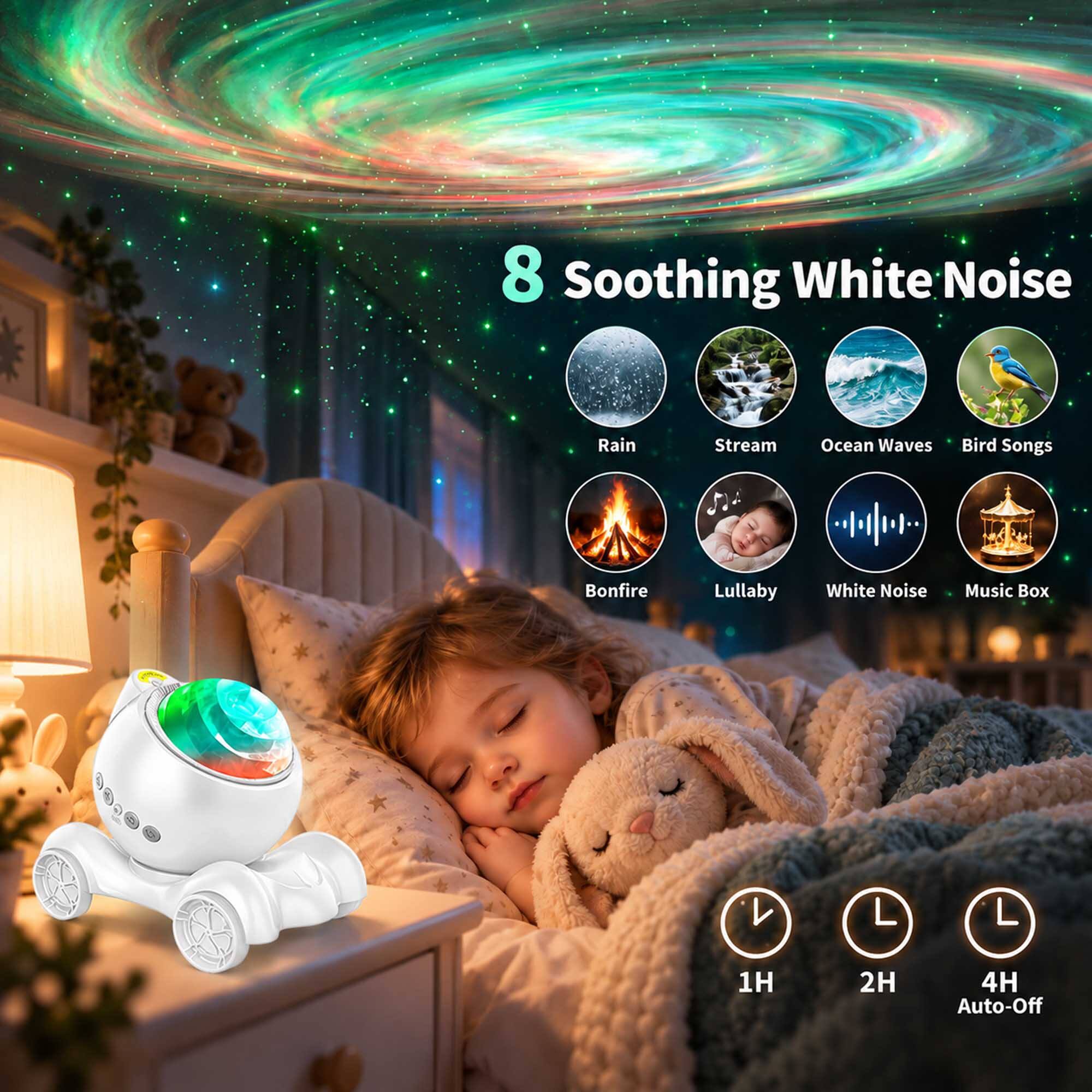 8 Soothing White Noise

- Rain
- Stream
- Ocean Waves
- Bird Songs
- Bonfire
- Lullaby
- White Noise
- Music Box

1H
2H
4H Auto-Off