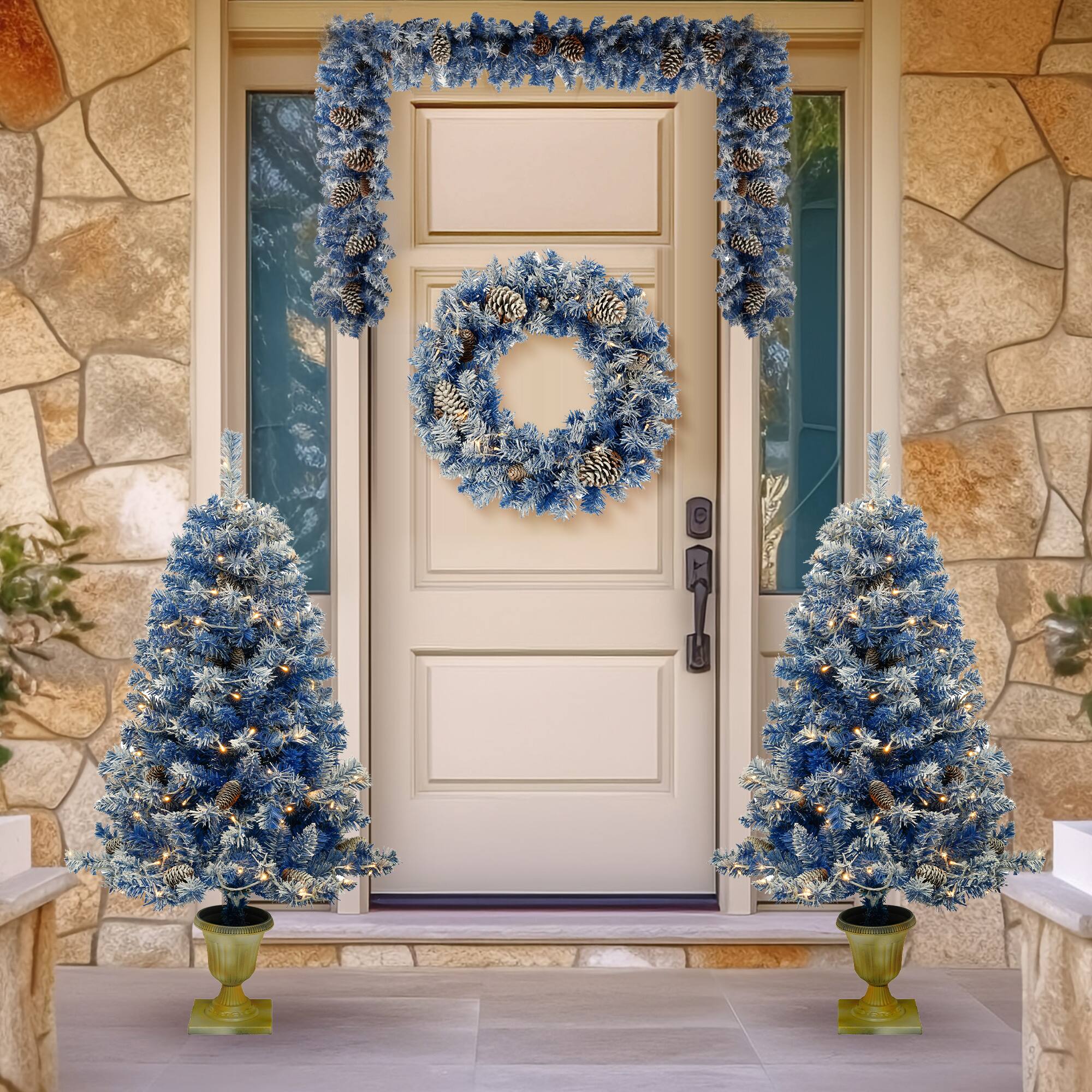 Front. Tiramisubest - Pre-lit Snow Flocked Artificial Christmas Tree 4-Piece Set,Garland,Wreath and Set of 2 Entrance Trees with LED Lights - Blue.