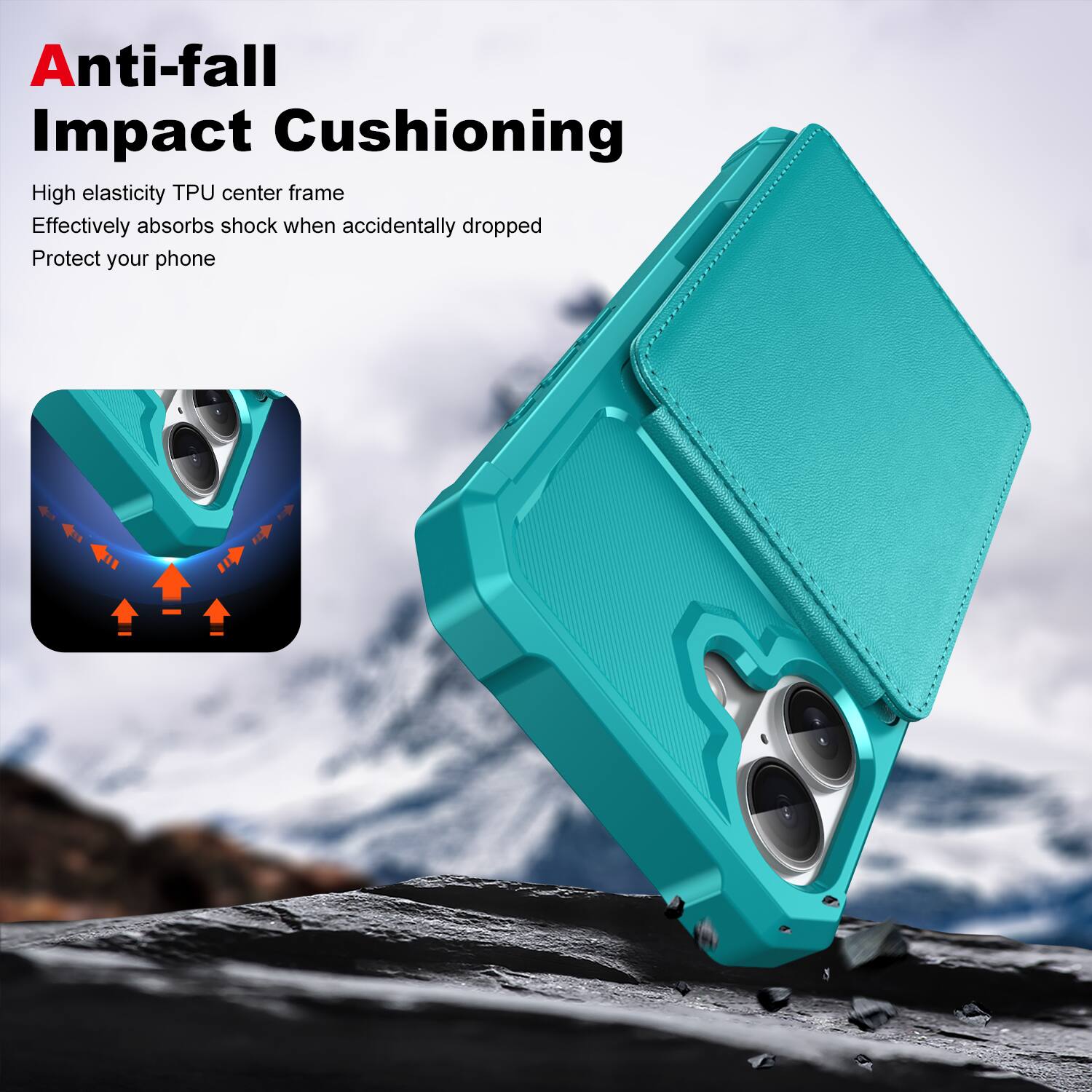 Anti-fall Impact Cushioning

High elasticity TPU center frame  
Effectively absorbs shock when accidentally dropped  
Protect your phone