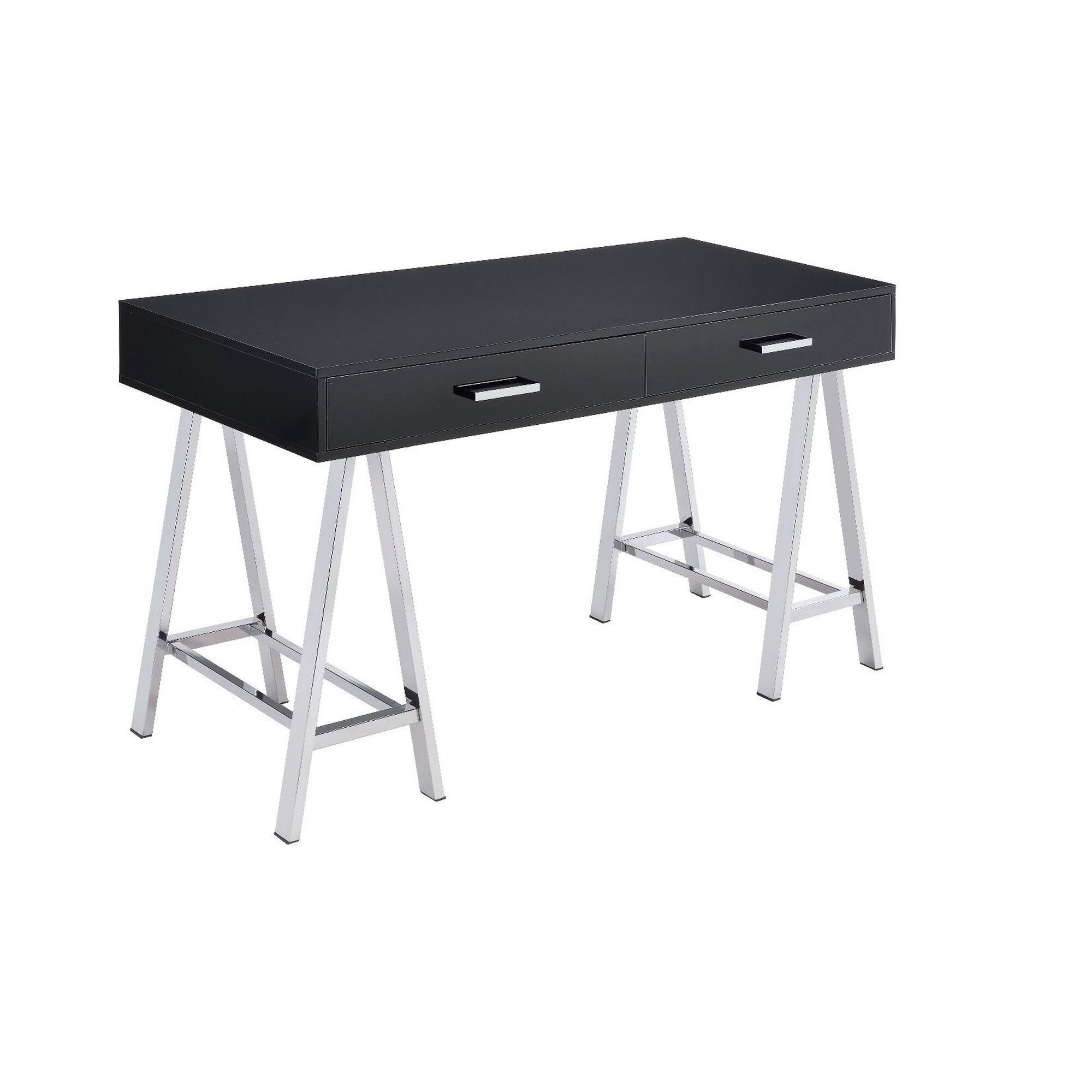 Front. Manhattan Lane - Writing Desk with MDF 2 Drawers and Metal Legs, Black and Chrome - Black and Chrome.