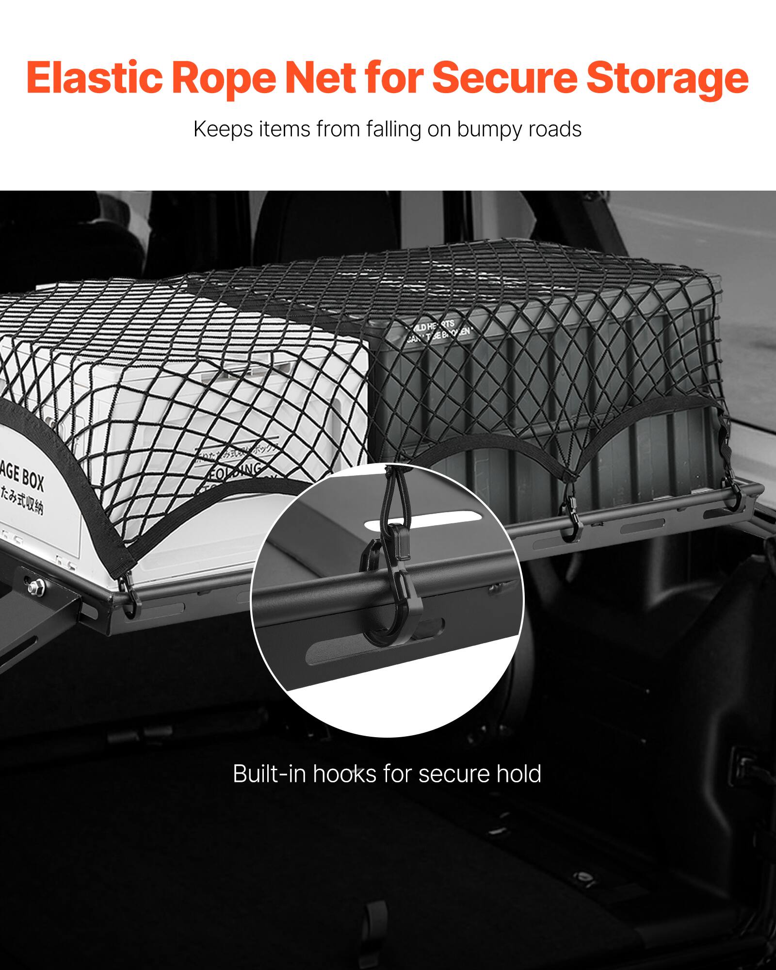Elastic Rope Net for Secure Storage  
Keeps items from falling on bumpy roads  

Built-in hooks for secure hold