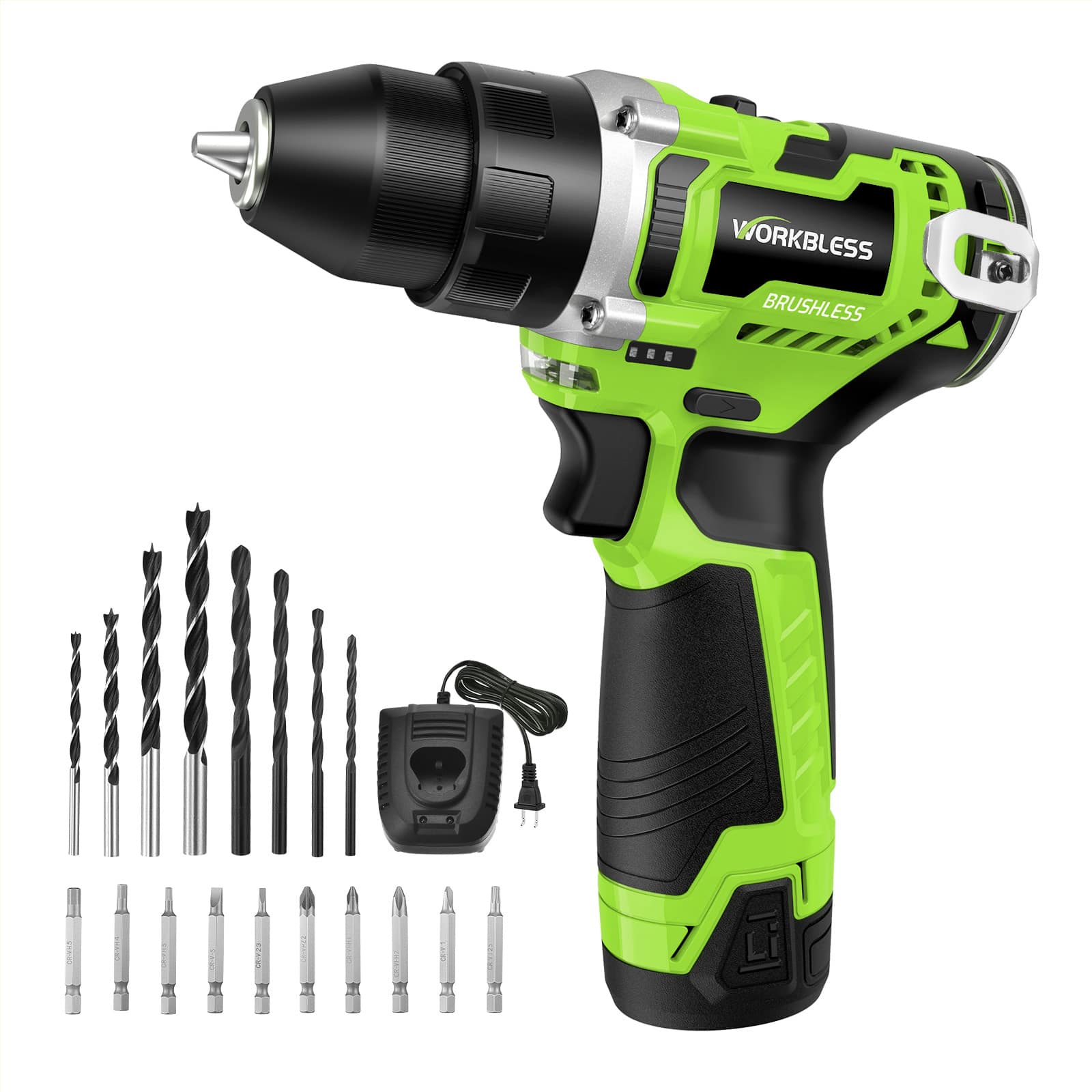 Unique Bargains - 12V Cordless Drill, Brushless, LCD Display, 29+1 Torque Setting, 3/8" Keyless Chuck, 18pcs Bits, 2.0Ah Battery & Charger - Green