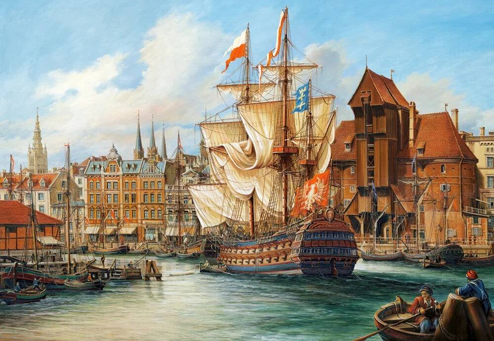 Front. Castorland - CASTORLAND 1000 Piece Jigsaw Puzzles, Old Gdansk, Poland, historic sailing ship, C-102914-2 - Red.