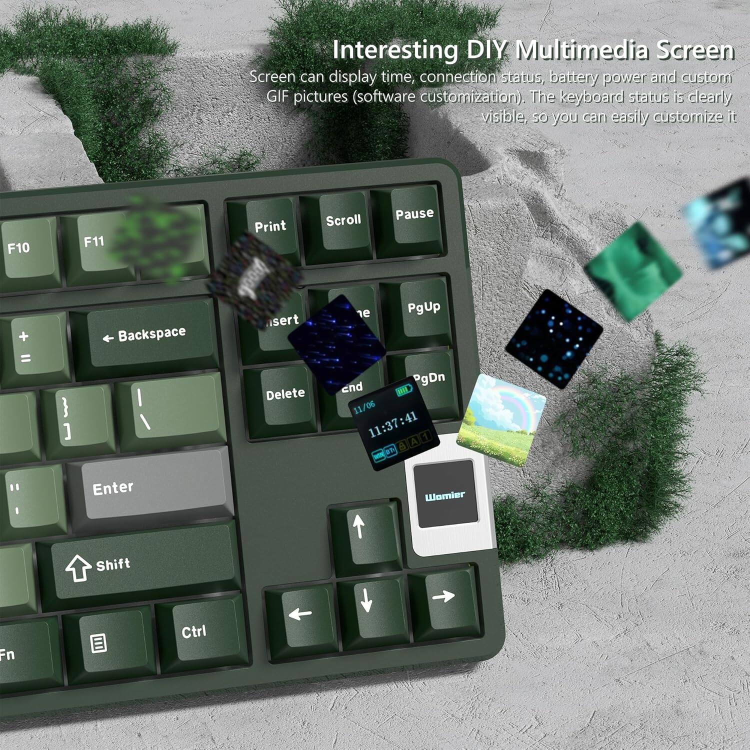 Interesting DIY Multimedia Screen  
Screen can display time, connection status, battery power and custom GIF pictures (software customization). The keyboard status is clearly visible, so you can easily customize it.  

F10 + = } ]  
F11 Backspace I I Scroll Pause Print  
PgUp sert end PgDn Delete  
11/06 11:37:41 1 a A a " 1 Enter Womier  
Shift Fn Ctrl