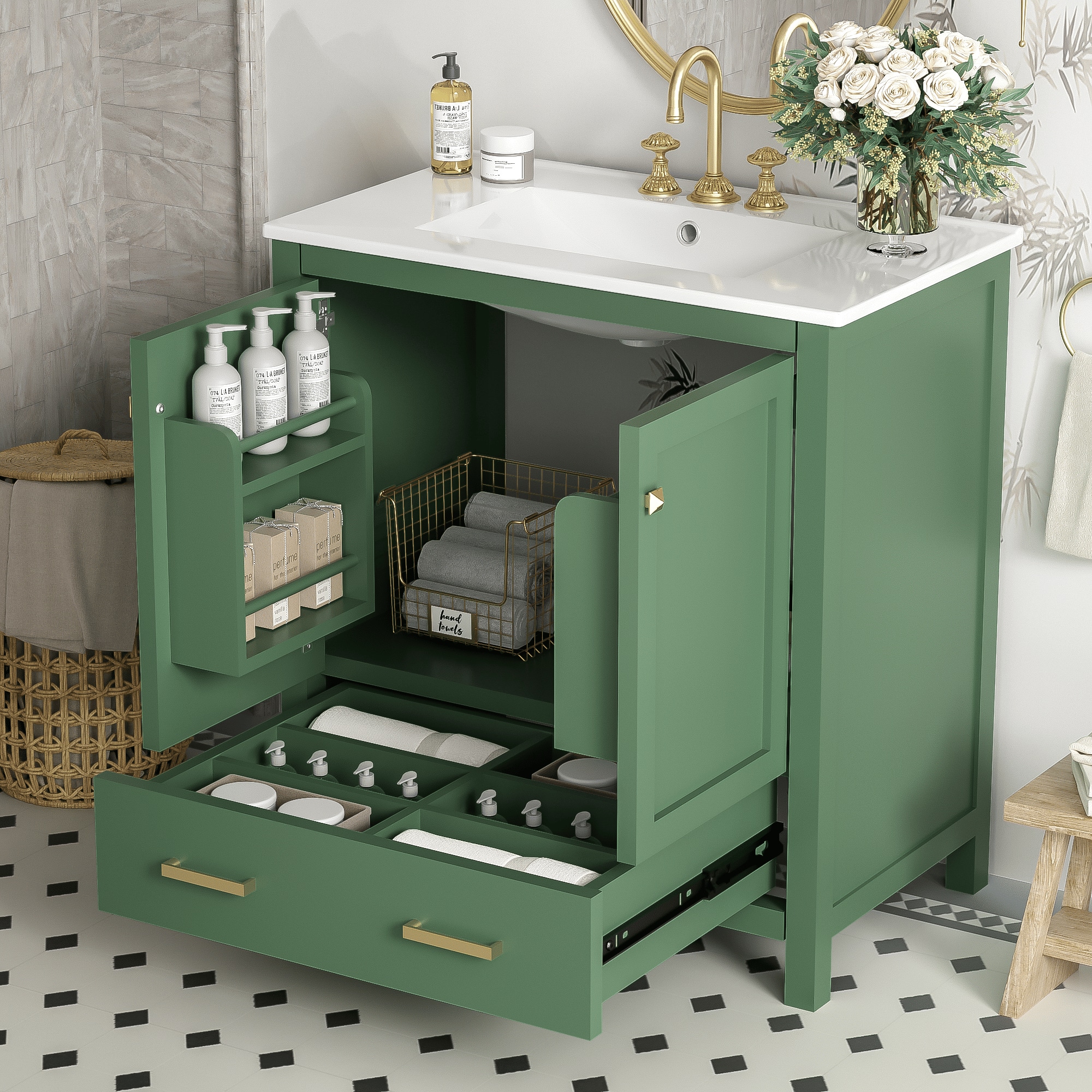 Mirfee - 30" Bathroom Vanity with Single Sink, 2 Doors, Drawer, Soft Close, Solid Wood - Green