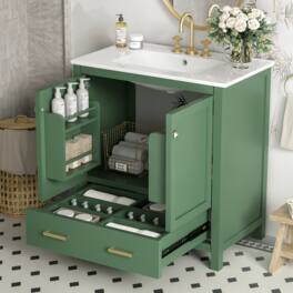 Mirfee - 30" Bathroom Vanity with Single Sink, 2 Doors, Drawer, Soft Close, Solid Wood - Green