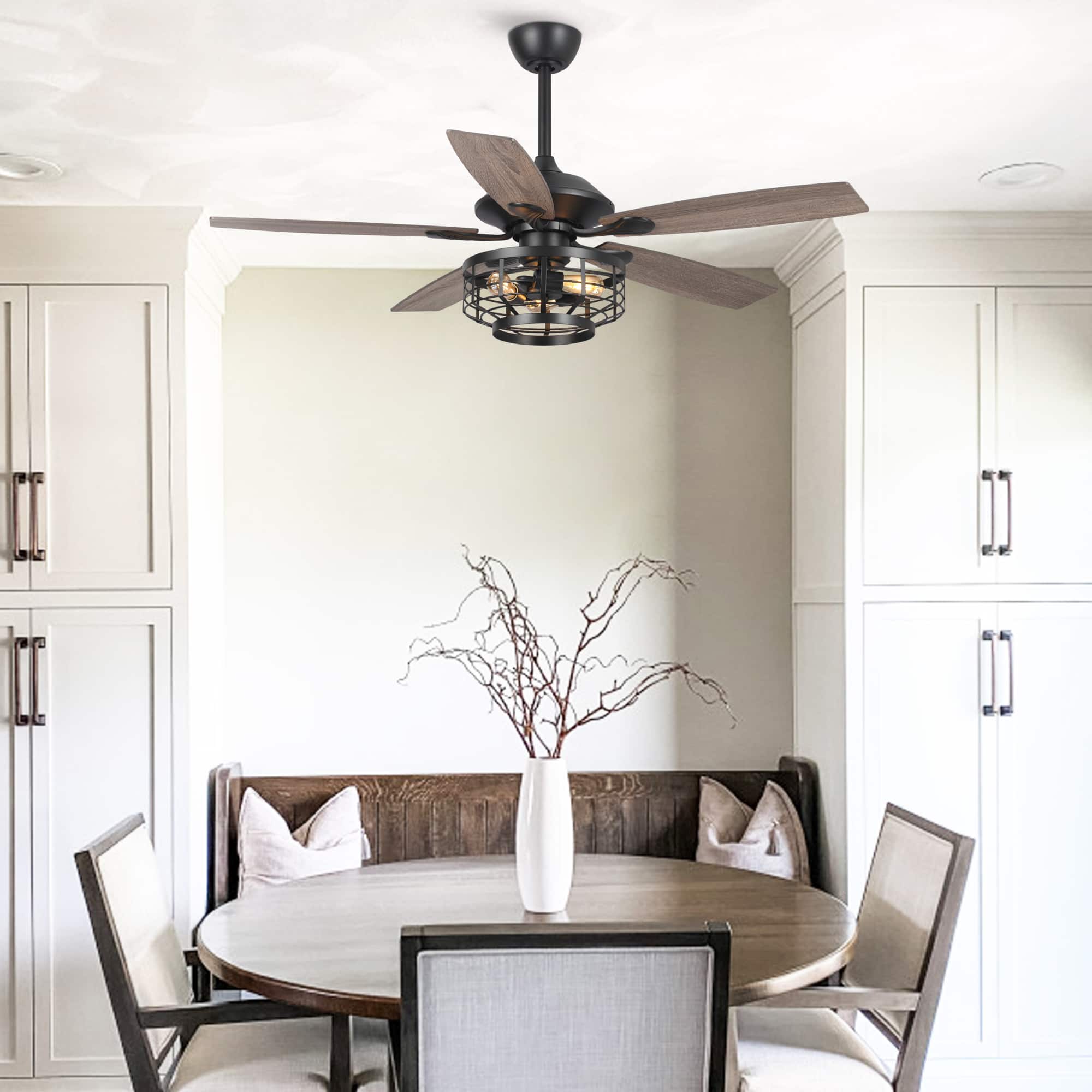 Parrot Uncle - 52" Industrial Wood 5-Blade 3-Light Metal Ceiling Fan with Remote - Black