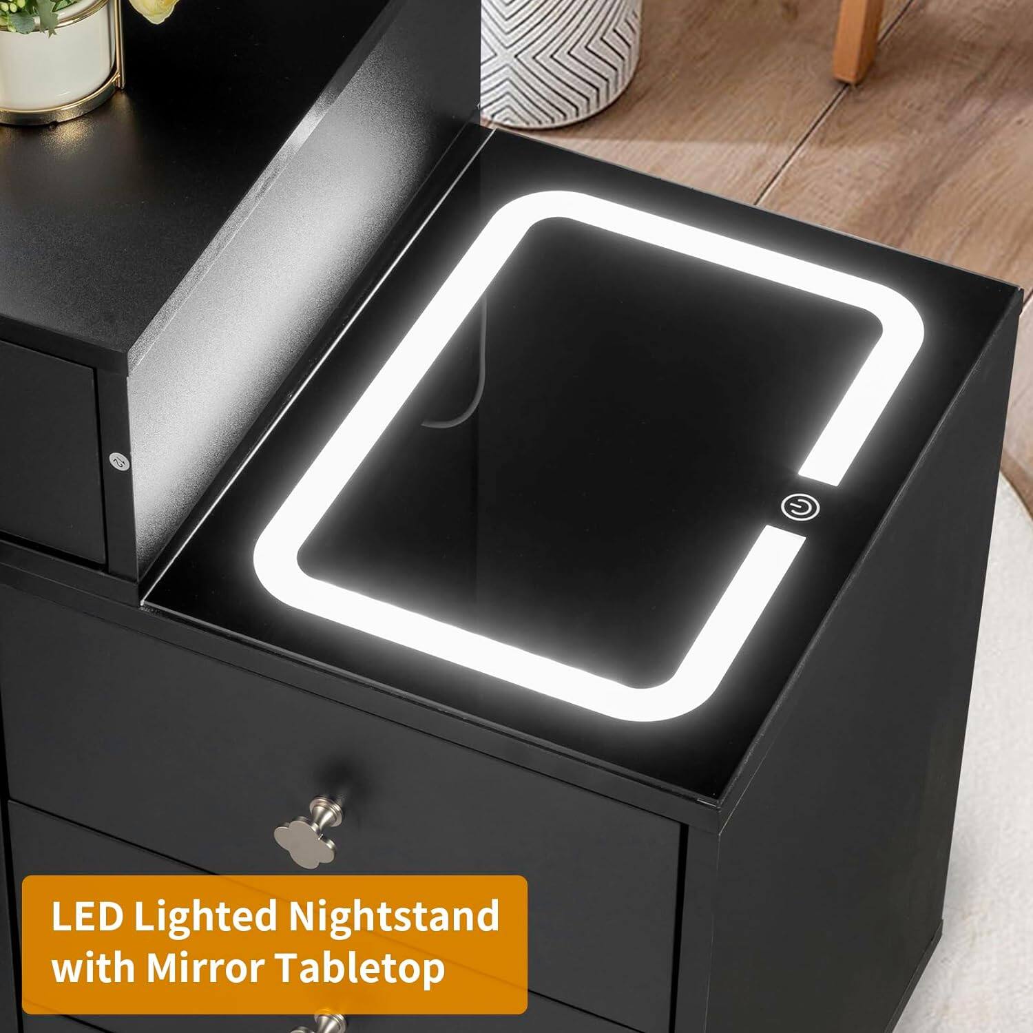 LED Lighted Nightstand with Mirror Tabletop
