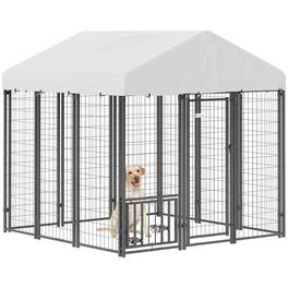 Pawhut - 5.9'x4'x6' Outdoor Dog Kennel, Welded Wire Run, 360° Rotating 4 Level Bowls, Waterproof Cover, S&M Dogs