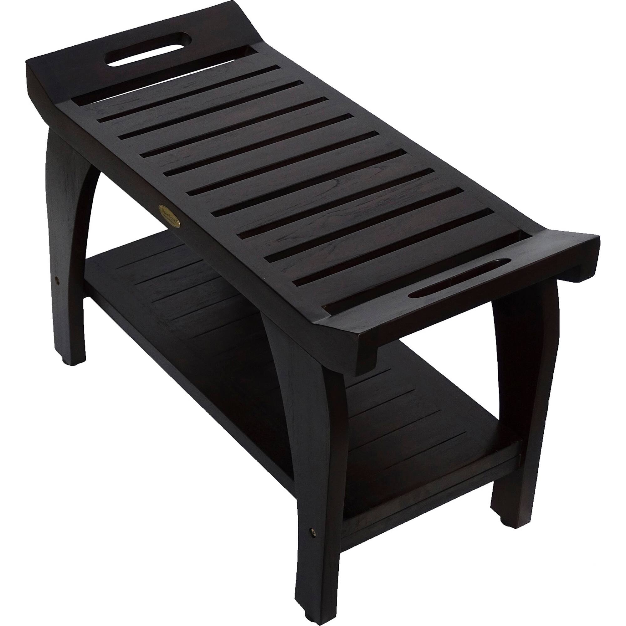 Back. DecoTeak - DecoTeak Tranquility 30" Teak Wood Shower Bench with Shelf and LiftAide Arms in Woodland Brown Finish - Woodland Brown.