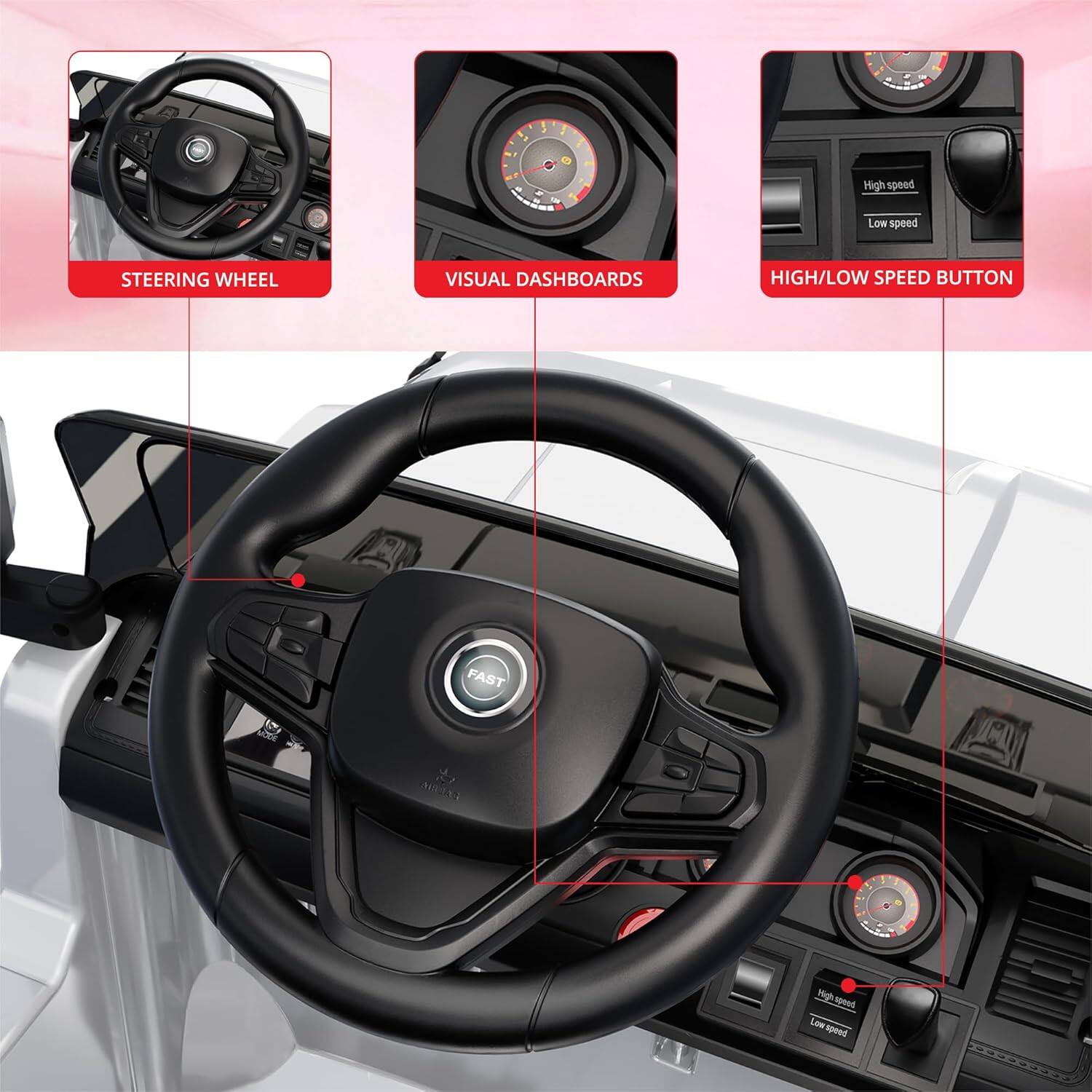 - Steering Wheel
- Visual Dashboards
- High/Low Speed Button
- Fast
