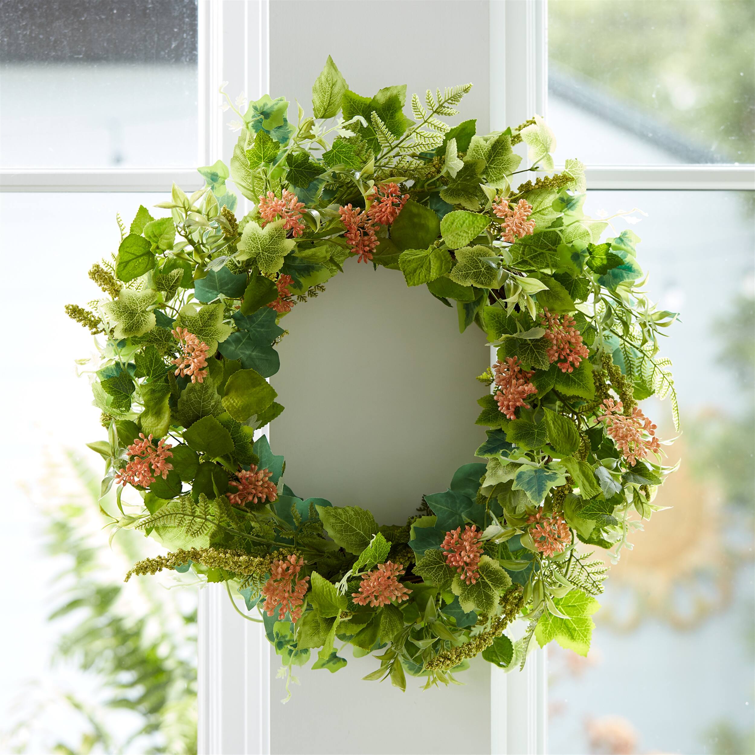 Angle. BreeBe - Mixed Seeded Foliage Wreath 24"D - Green.