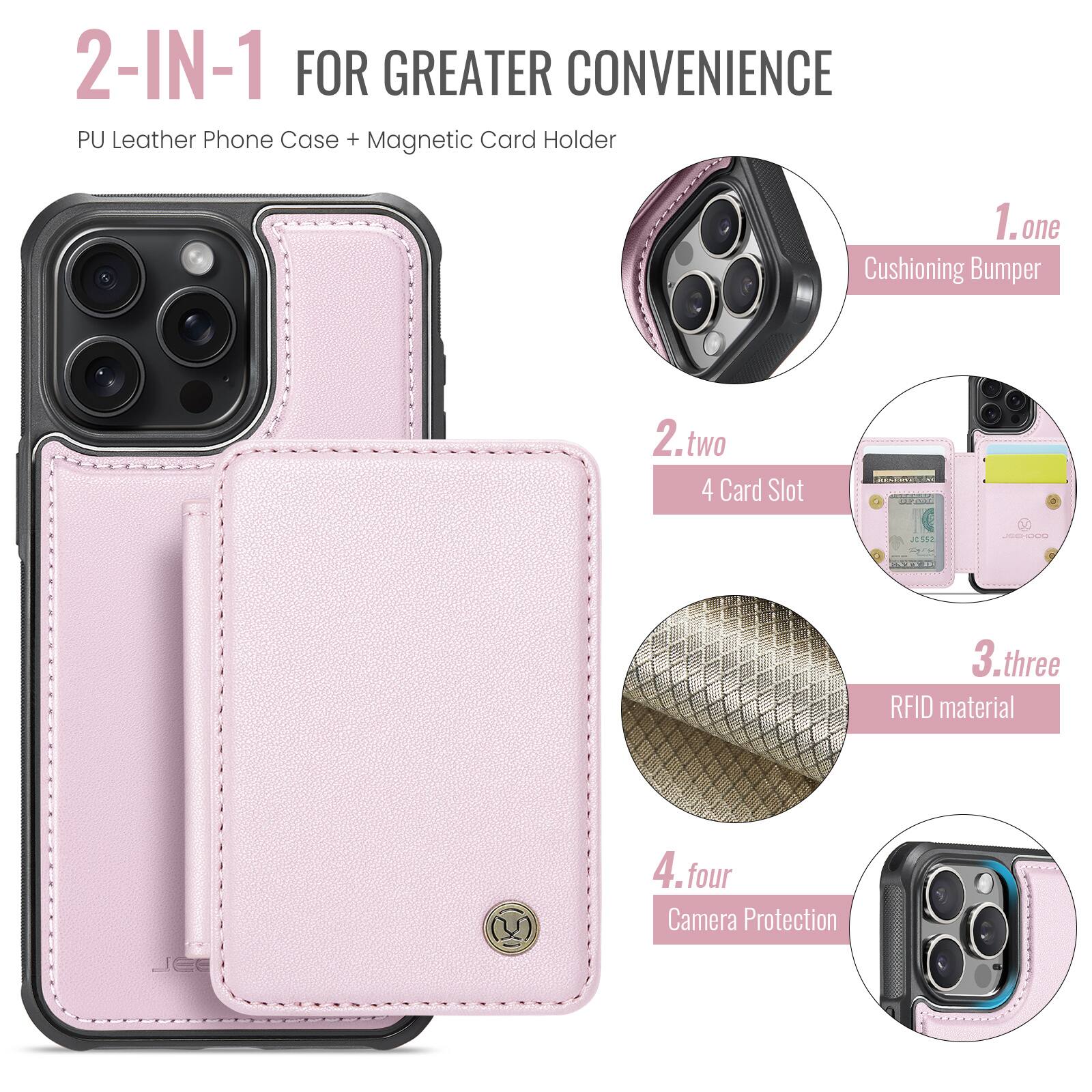 2-IN-1 FOR GREATER CONVENIENCE  
PU Leather Phone Case + Magnetic Card Holder  

1. one  
Cushioning Bumper  

2. two  
4 Card Slot  

3. three  
RFID material  

4. four  
Camera Protection
