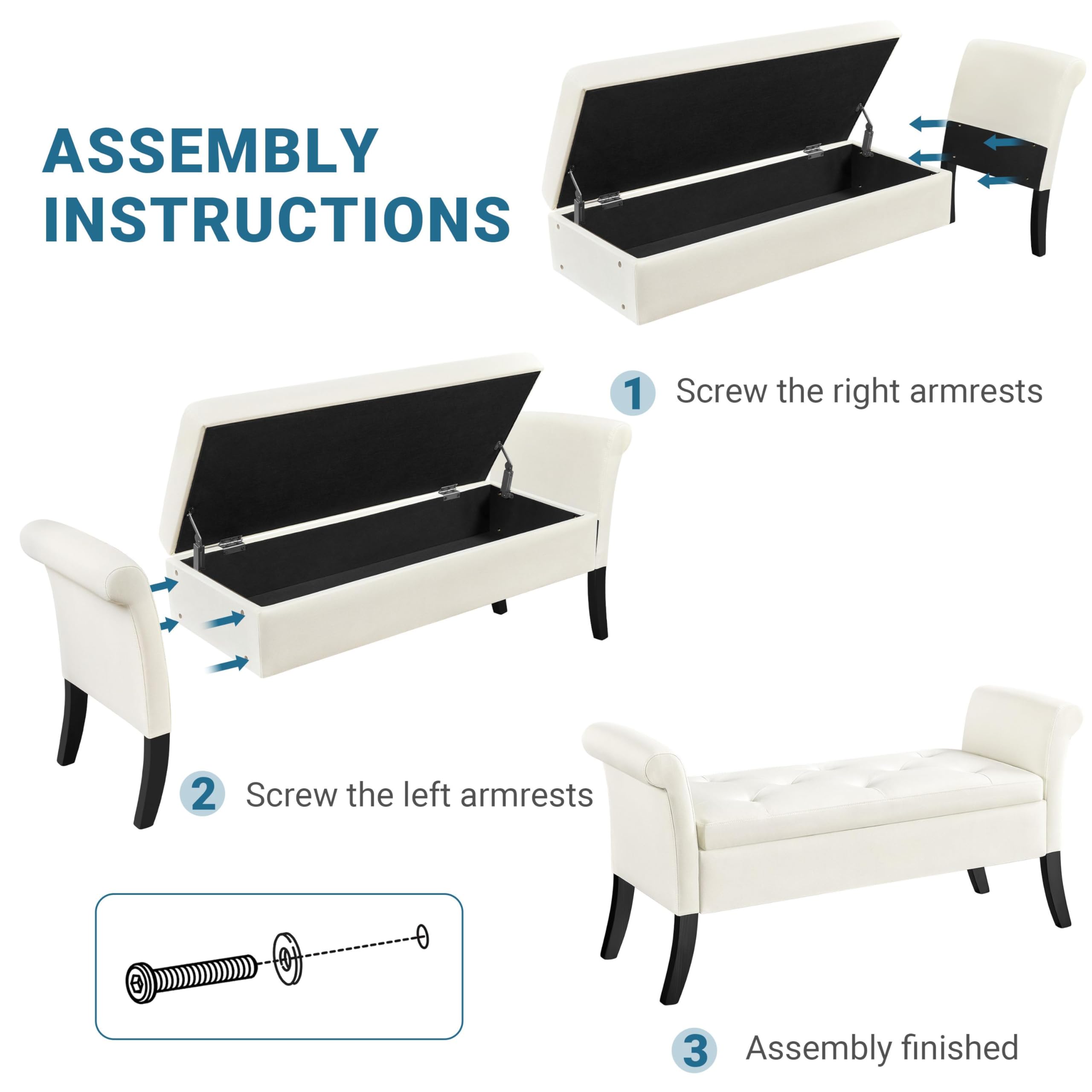 ASSEMBLY INSTRUCTIONS

1. Screw the right armrests

2. Screw the left armrests

3. Assembly finished