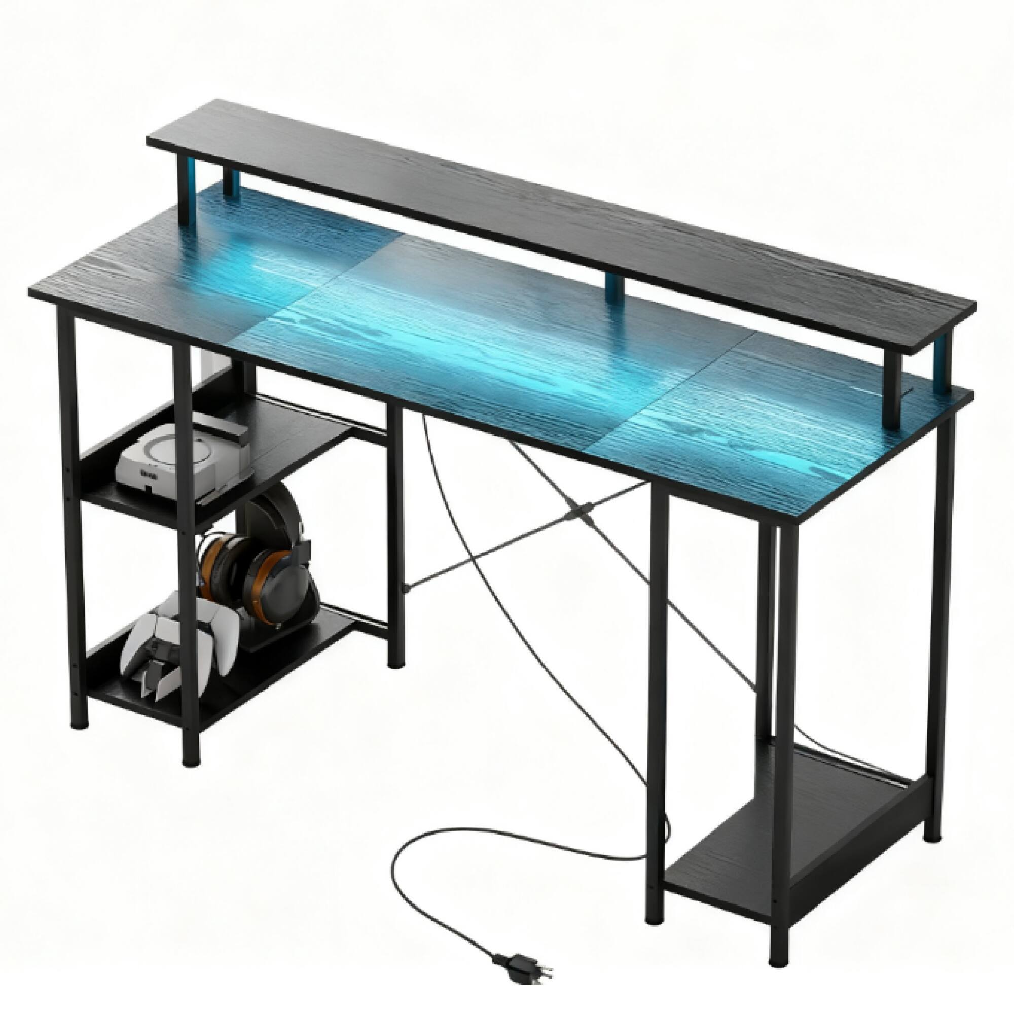 Angle. GOODSILO - Reversible Computer Desk with Charging Station, LED Lighting, and Adjustable Storage Shelves for Home Office Use - Distressed Black.