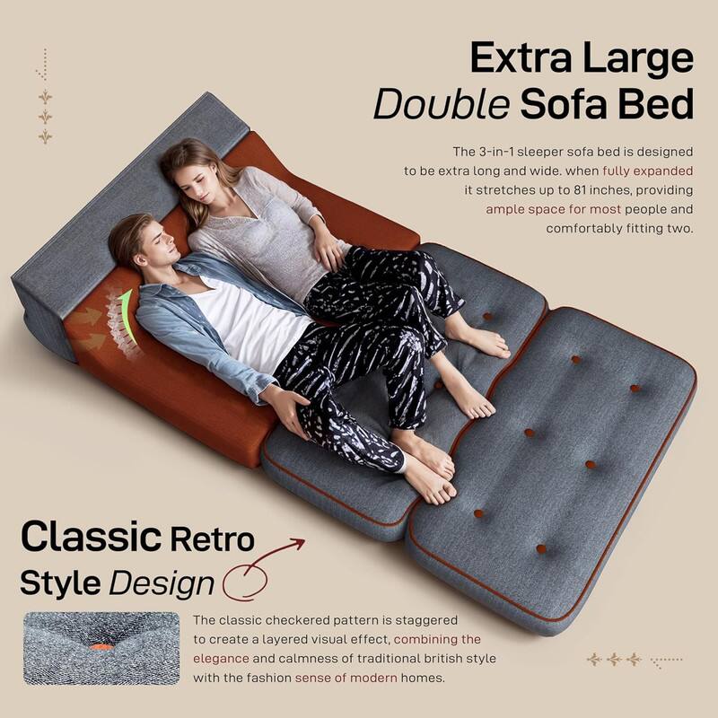Extra Large Double Sofa Bed

The 3-in-1 sleeper sofa bed is designed to be extra long and wide. When fully expanded, it stretches up to 81 inches, providing ample space for most people and comfortably fitting two.

Classic Retro Style Design

The classic checkered pattern is staggered to create a layered visual effect, combining the elegance and calmness of traditional British style with the fashion sense of modern homes.