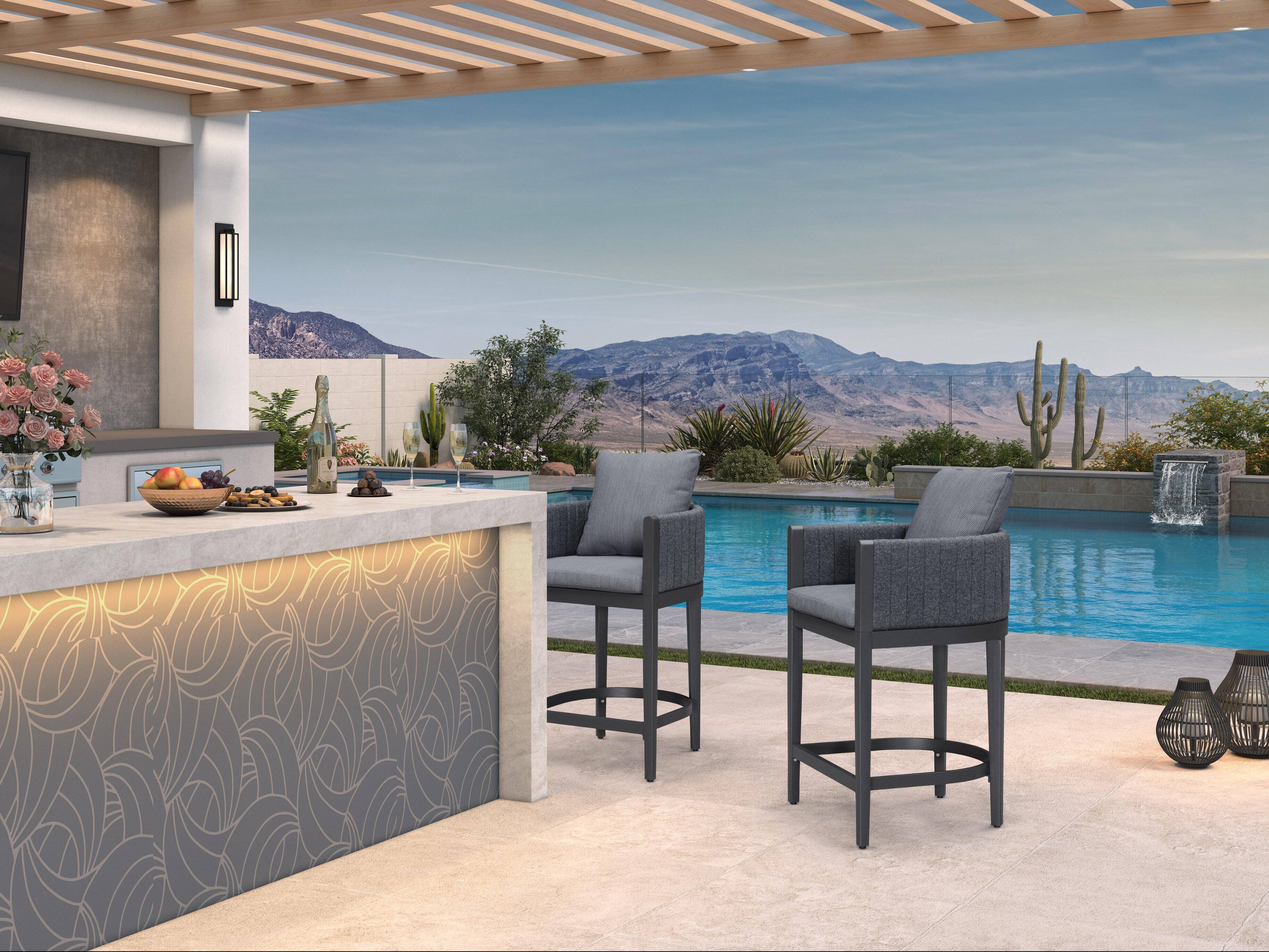 Alt View 1. PURPLE LEAF - Outdoor Counter Height Stool Set of 2 Aluminum Modern Olefin Barstools with Backrest Pillow for Garden Balcony Lawn - Grey & Square Base-Counter Stool.